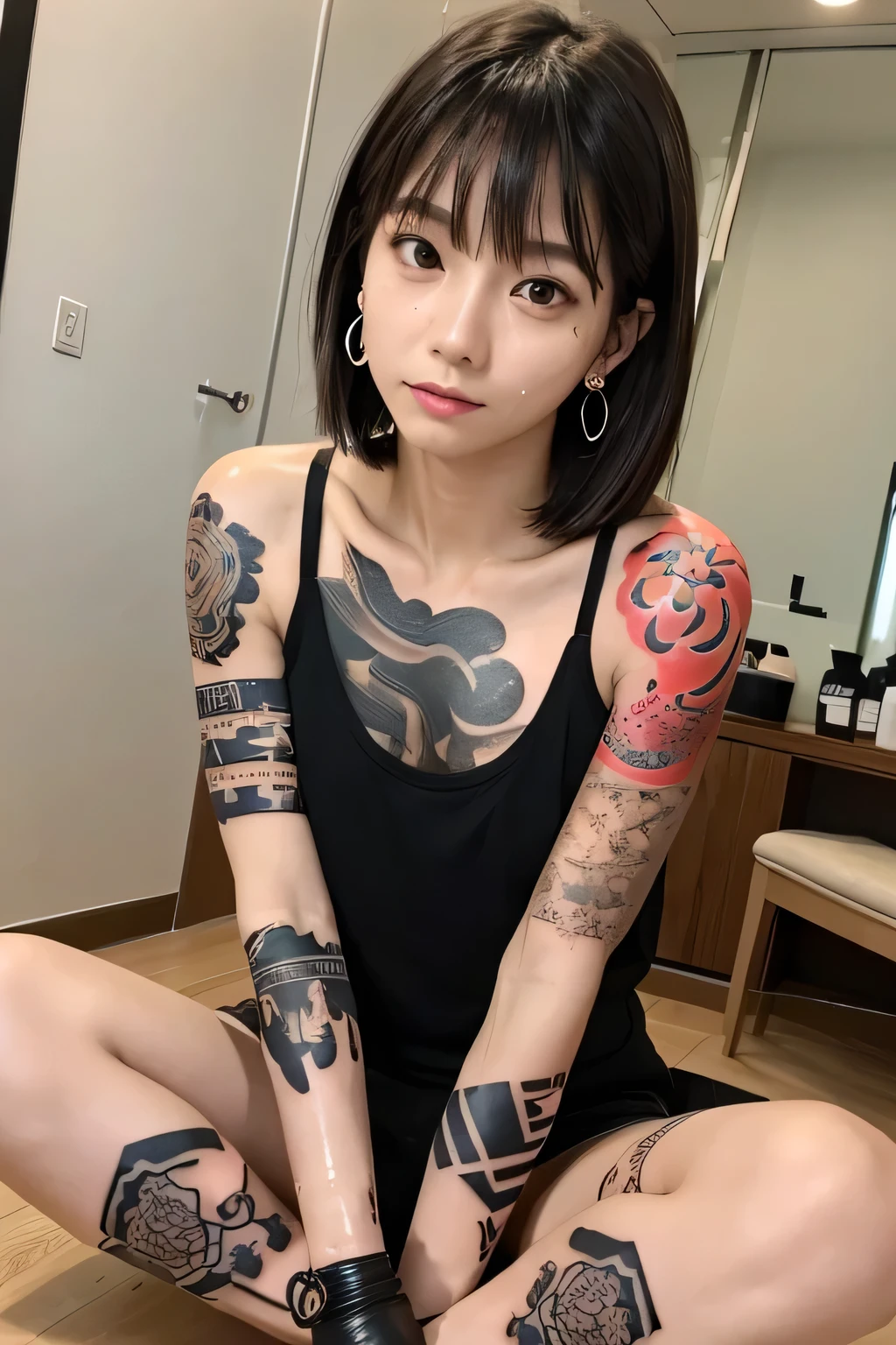 One girl, one girl, one person, japanese girl, mischievous smile, devilish smile, grinning smile, Japanese girl, 20 year old girl, beautiful, pretty face, cute face, mischievous expression, Plain tank top, Plain tank top, large breast, ((Skull tattoo on arm)), short hair, blue hair