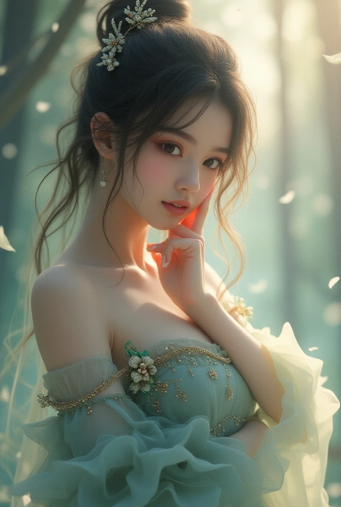 finest image, (8k, RAW photo, realistic), detailed and delicate depiction and flashy and dynamic painting method, beautiful cute woman, sparkling blue big eyes, long eyelashes, double eyelids, light brown flowing layered braided bangs hair, amorous expression, lewd expression, huge breasts, abs, slender, perfect proportion, red alluring moist big thick lips, large loose fluffy girly camisole dress, blurry background fantasy, falling petals, iridescent golden particles