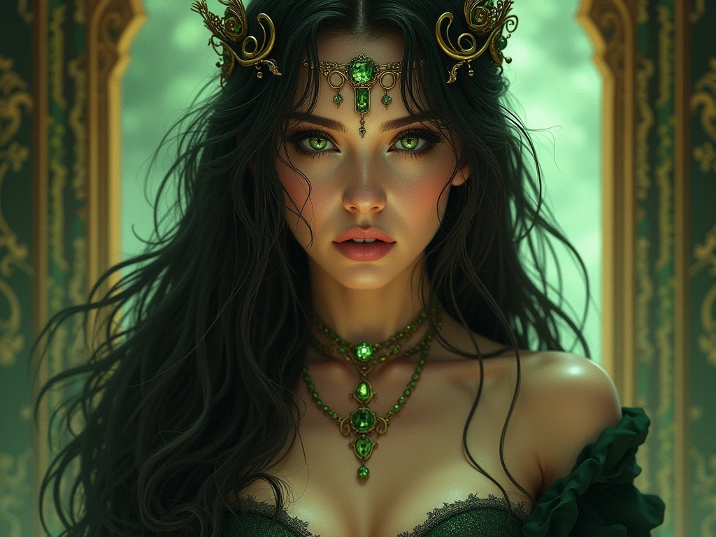 Beautiful adult witch with brown hair and green eyes, wearing magical jewelry with green magical gems and wearing a green corset wiht golden details, cleavage, casting a green magical spell with her her right hand, in a full-body portrait, in a fantasy illustration style, old magical room in background, highly detailed, a digital, hkmagic, fsstyle <lora:FantasyWizardWitchesFluxV2-000001:1> <lora:fsstyle:0.85>