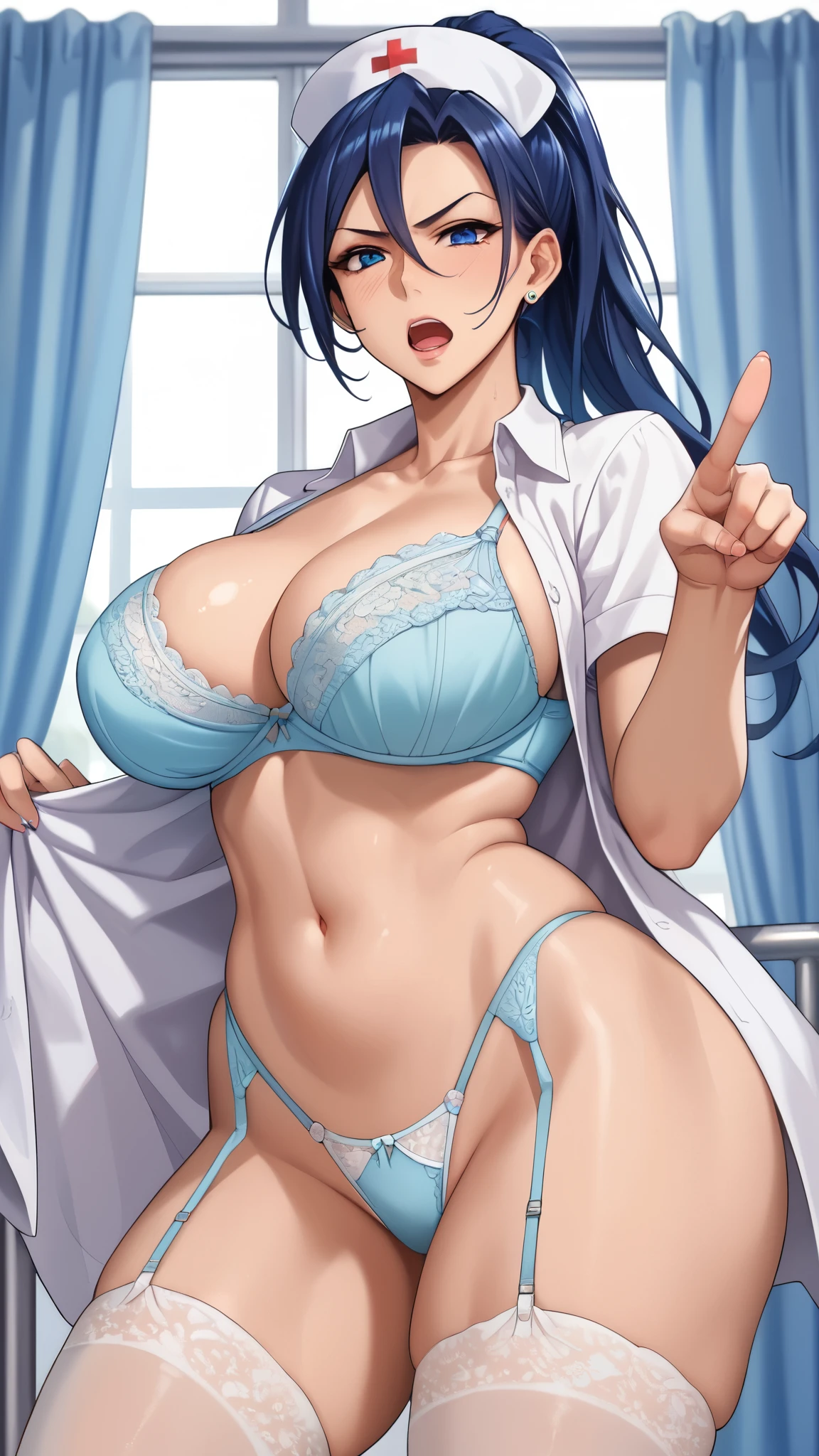 ((mejor calidad)), ((Obra maestra)), (detallado), girls ai_generated big_breasts blue_hair brown_eyes busty crossed_legs doctor erect_nipples huge_breasts labcoat looking_at_viewer maken-ki! mature mature_female mature_woman milf navel nijou_aki nipple_bulge nipples_visible_through_clothing open_coat seductive_look smile stable_diffusion sweat underwear voluptuous voluptuous_female abs tanline nude completly