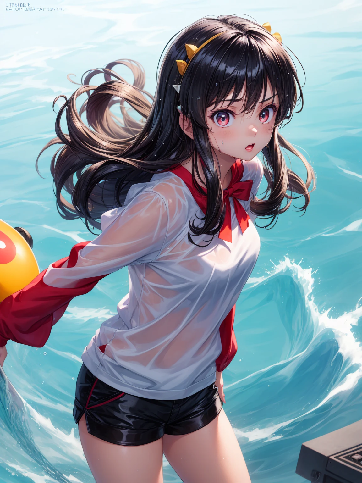 Ram Invaders, big , Wet, sweat, Best Quality, Ultra High Definition, Juliet sleeve 1 girl with idiot hair , ultra detailed, Anime, end, girl, very cute, curly hair, Black Hair , hair bow, hairpin, Colored Eyes, short shorts