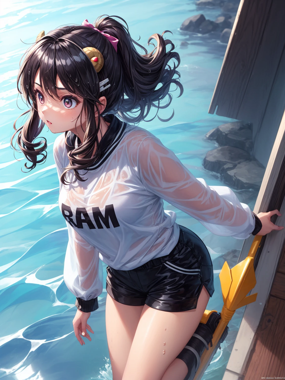 (anime style),masterpiece, best quality, extremely detailed,15Year old,tanned skin,dark skin, Beautiful body,small breasts,BREAK,multicolored colorful black hair,short hair,hair slicked back,for head,pigtails,BREAK,black eyes,out tongue,shy smile,open mouth,mouth on water,half closed eye,detailed lips,open legs,BREAK,cotton black big ribbon,BREAK,nun uniform,striped_bikini,off shoulder,navel,break,head tilt,in the park,dripping,Drinking fountains,huging2girl,from behind
