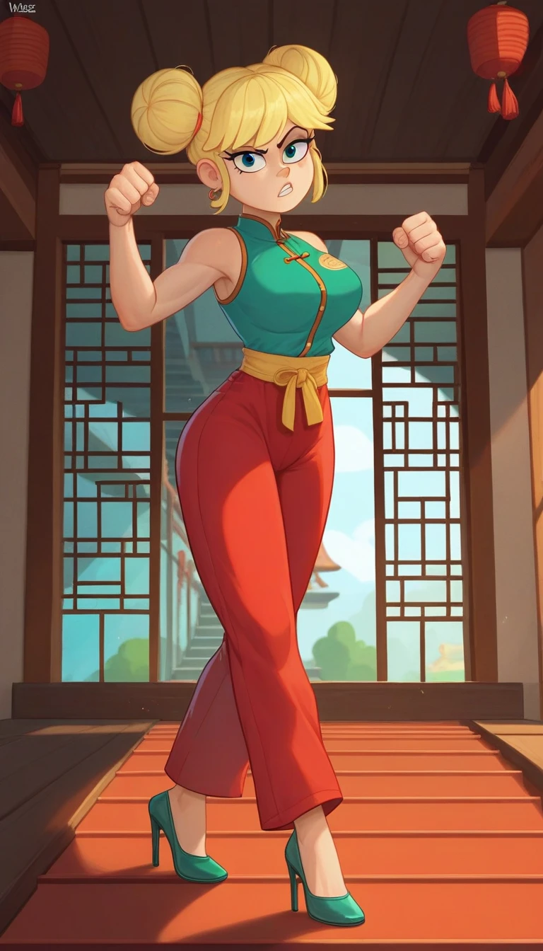 leni loud, 1girl, solo, 24yo girl, large breasts, green cheongsam,  inside of a chinese temple, dojo, looking at viewer, blonde hair, two hair buns , hands  score_9, score_8_up, score_7_up, high heels, teep fighting stance,martial arts, stairs behind her, guarding the stairs, a door behind the stair, chinese writings on the wall, long pants, pants window on the sideways