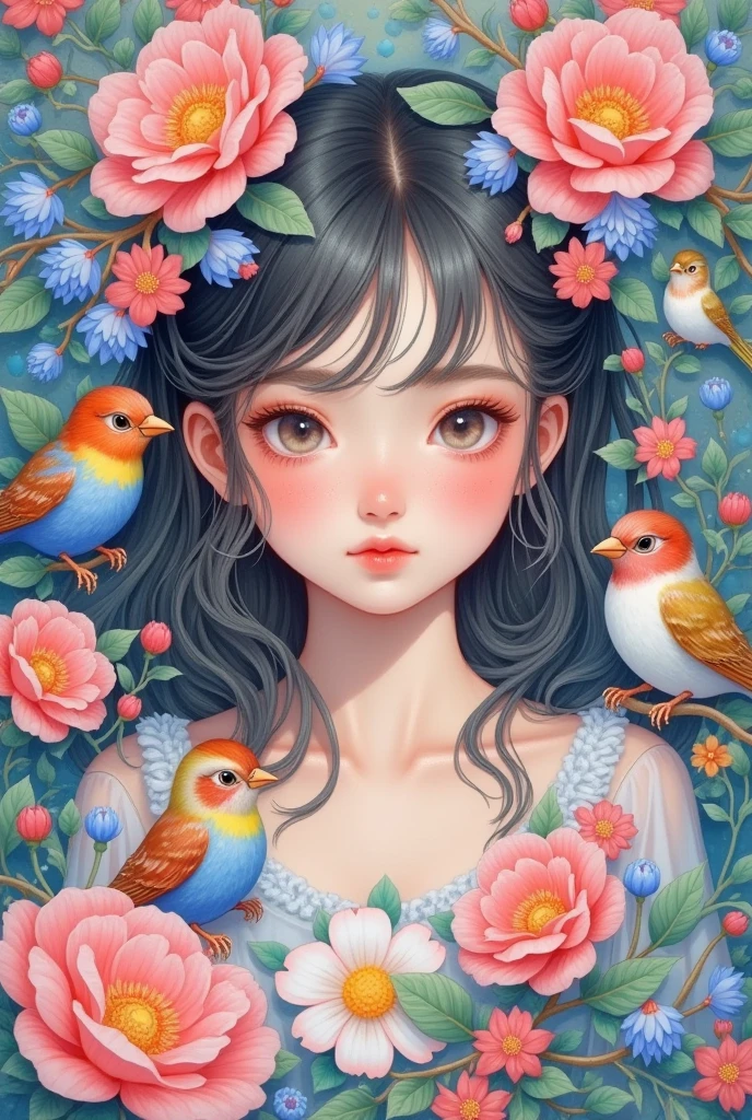  A painting of a girl surrounded by flowers and birds, A detailed painting by Li Song  ,  is trending on ArtStation ,  pop surrealism , Lovely detailed digital art,  A beautiful art illustration , artstration Trends, Beautiful digital illustrations , Shin Jin Hwi Art , Girl in the flowers, Beautiful digital illustrations, Lovely art style, Detailed painting 4k, 可爱的数字艺术, Digital Anime Illustration
