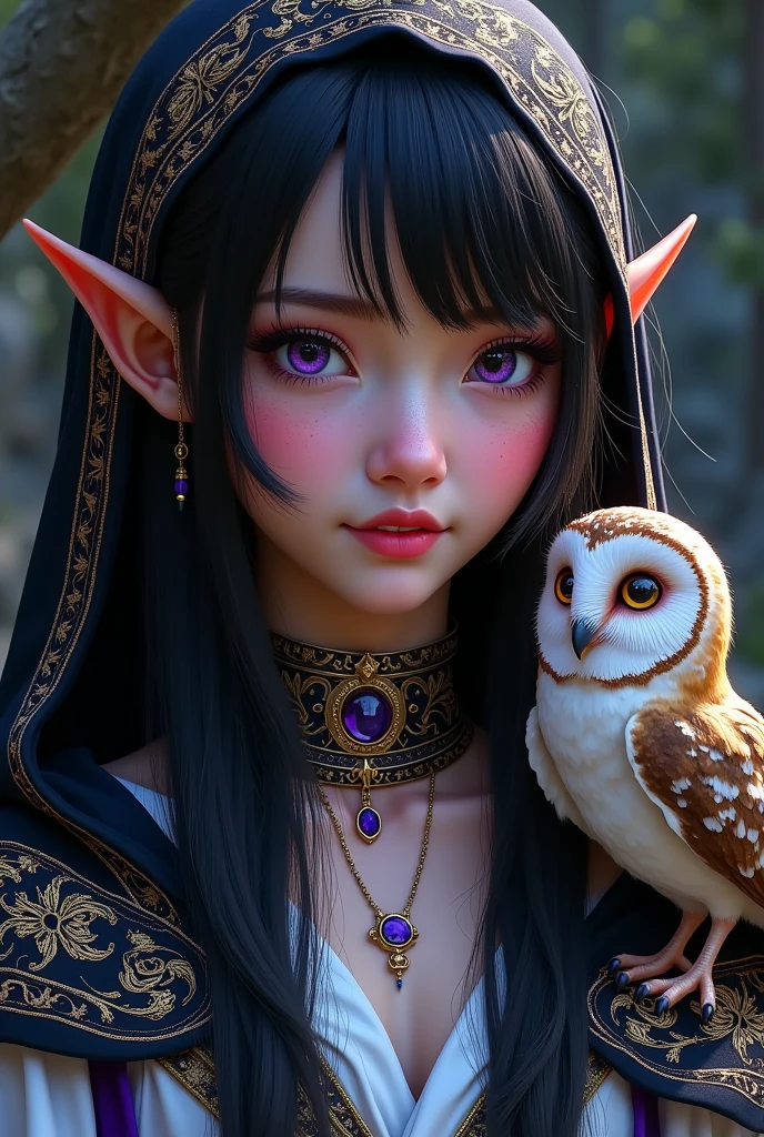 epic picture, Epic scene,  close-up,  Upper Part Portrait , elven ears,Elf Girl,  Bright Purple Eyes ,  The scar near the Eye wound with a blunt object has already healed ,  Black Very Black Thick Hair ,  Velvet Hood with gold thread patterns ,  Bright smile One part of the jaw is raised from a smile , Oblong Nose ,  Gray-Pink Skin , not big breasts,  Dressed in White and Black Ancient Caftan ,  on the Shoulder A small owl with Big Eyes and Bright plumage Sits White-Brown feathers, 8 k,  digital processing ,  better quality, Maximum Details,  Maximum Focus ,  Epic Fantasy , fantasy, beautiful colors, bright colors,  Complex Details , many details, UHD, 16K, masterpiece,