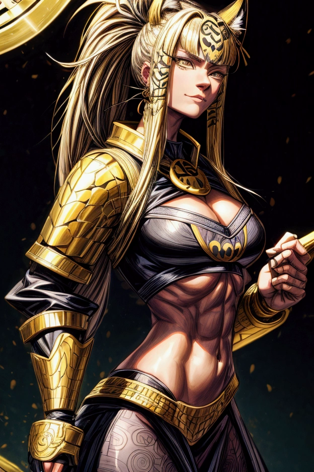 Thai warrior woman, blonde hair, shiny hair, SMILE, bodybuilder physique, super fit, muscular, wearing leather outfit, full body, at the jungle, realistic, photograph, 8k, super detail, accurate, best quality, award winning, HD, high details, textured skin, masterpiece --auto --s2