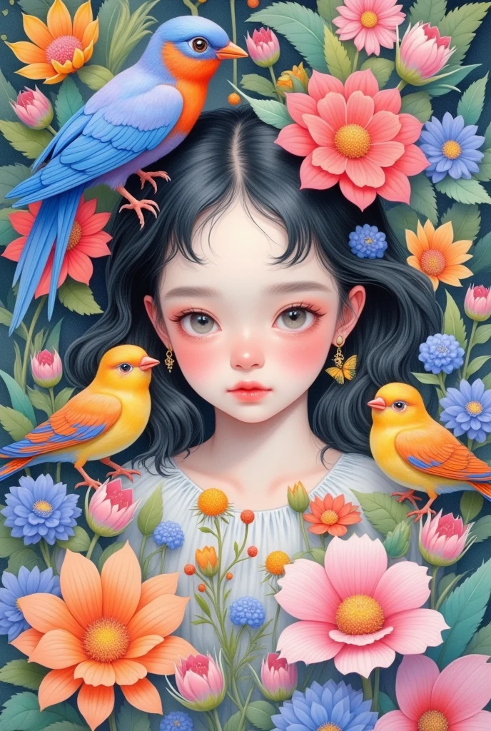  A painting of a girl surrounded by flowers and birds, A detailed painting by Li Song  ,  is trending on ArtStation ,  pop surrealism , Lovely detailed digital art,  A beautiful art illustration , artstration Trends, Beautiful digital illustrations , Shin Jin Hwi Art , Girl in the flowers, Beautiful digital illustrations, Lovely art style, Detailed painting 4k, 可爱的数字艺术, Digital Anime Illustration
