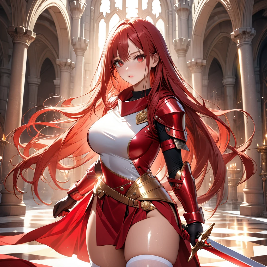 A girl In her twenties with Long red hair and red eyes wearing a full body female armor with a red cape with a castle hallway background