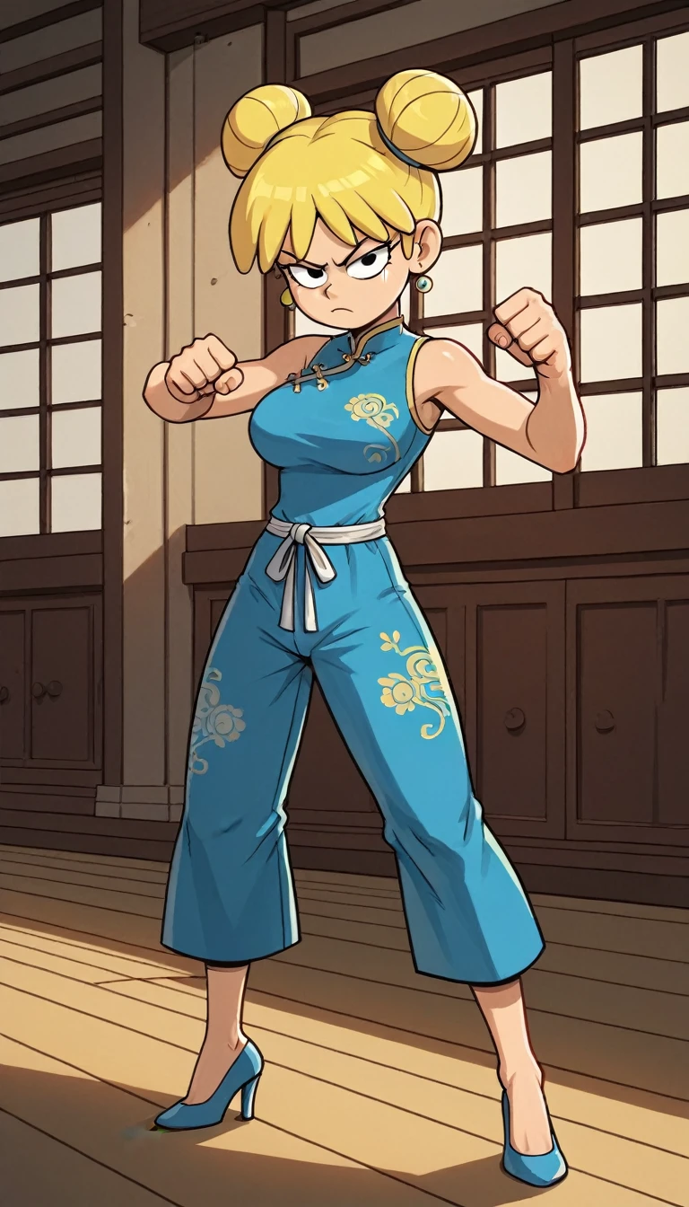 lori loud, 1girl, solo, 24yo girl, blue cheongsam,  inside of a chinese style temple, large breasts, looking at viewer, blonde hair, short hair, two hair buns , hands  score_9, score_8_up, score_7_up, high heels,teep fighting stance,martial arts, long pants