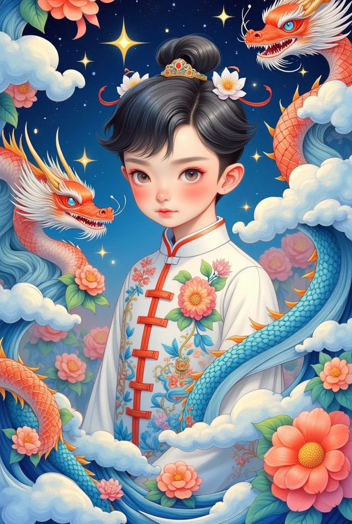 Chinese comic image depicting a boy in front of clouds, dragon art style, exquisite Hanfu, Van Gogh art style, showing starry sky and dragons, organic streamlines in Art Nouveau style, futuristic colorful waves, complex and peculiar illustrations, swirls , colorful turbulence, anime-style character design, marine academia, realistic yet stylized, close-up, high quality