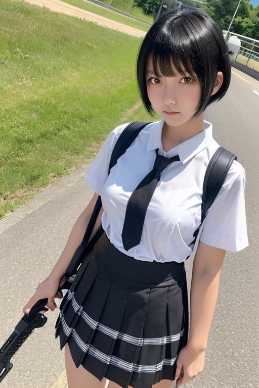 (( Japanese high school girl with black hair short cut)),( short sleeved white blouse ),( checked skirt),(Ribbon tie), 18 year old healthy girl 、(( low angle)),((plate carrier)),(( staring at the camera with a serious expression )),On the footbridge、( large automatic rifle propped up ),whole body、((heavy equipment schoolgirl ))