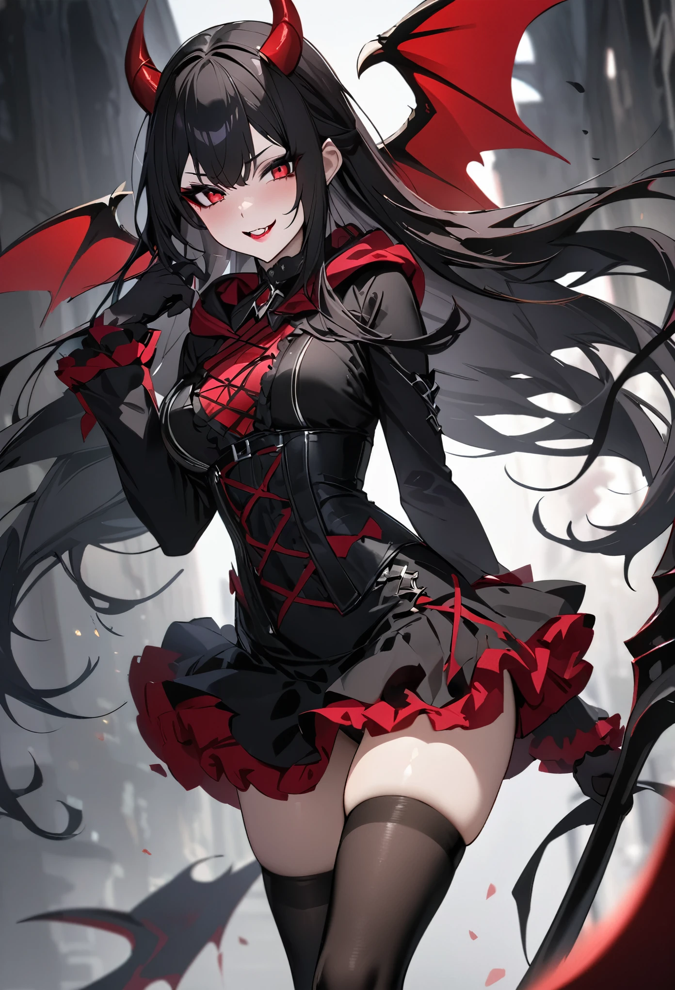 (masterpiece,  best quality:1.2,UHD,High Resolution、Detailed depiction), one girl playing pranks、Demon Queen、Beautiful red eyes、Exposing Gothic Lolita Clothes 、 short skirt、Black knee-highs、String panties、Black Hair、 inner color is red 、 Hooded Clothes with Horns、Red lipstick、light black eyeshadow、 long lashes、Devil&#39;s Wings、 have a black scythe、crazy sexy smile、 Wind Blows Clothes Fluttering 