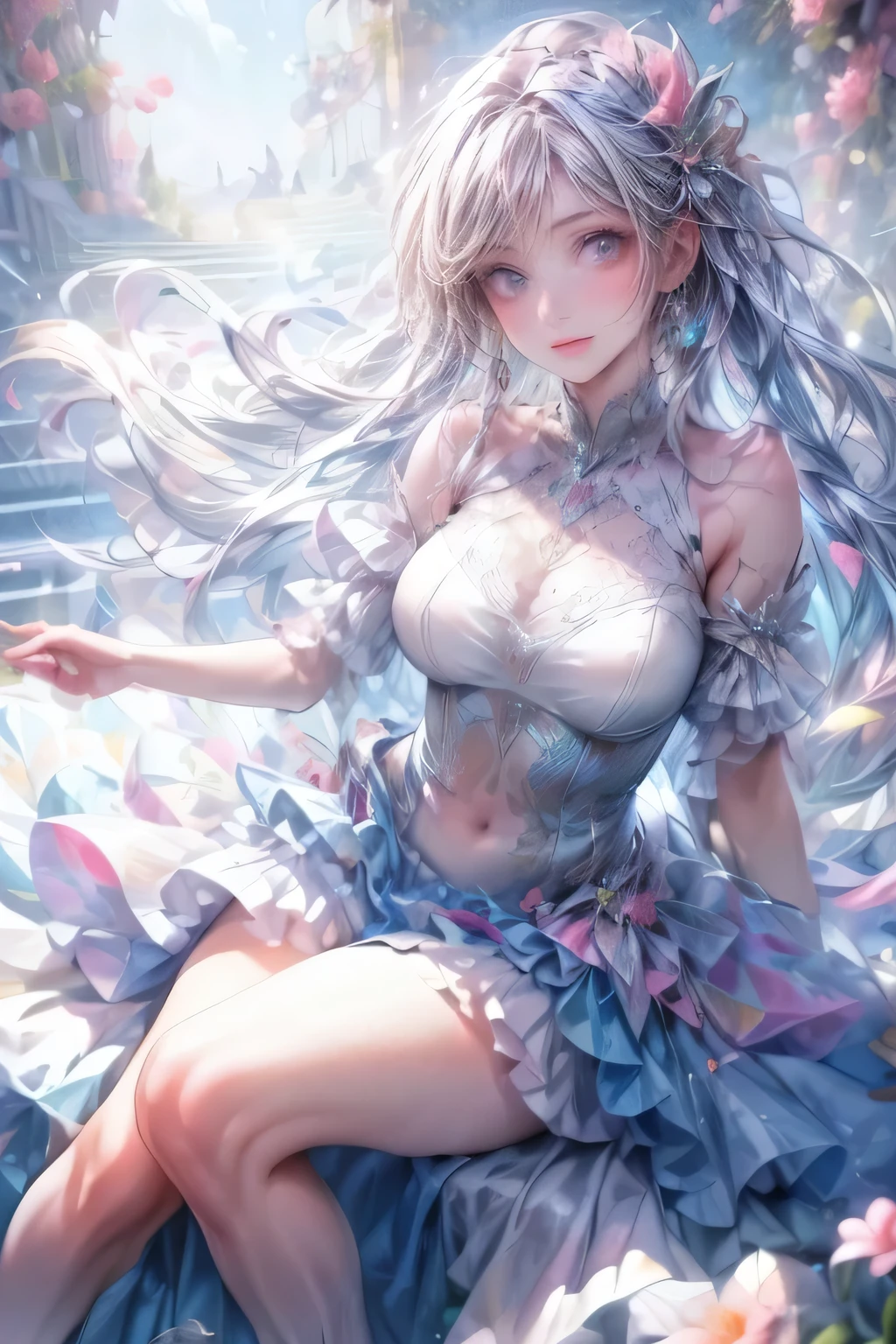 Beautiful and fair、Radiant Skin, 3 Up, Gorgeous, bright, Refreshing and gentle expression, Perfect beautiful face、Beautiful shiny bangs, A very beautiful 17 year old girl, Eyeliner, Very perfect and beautiful lovely big clear sky blue eyes，Very large breasts，Grooves reveal original skin，Muscular body，Silver glasses，White lace underwear，Hatsune Miku，Dragon Girl