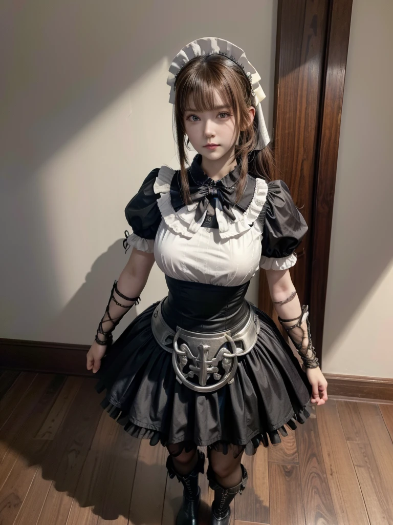 (masterpiece, Best Quality,  absurd:1.2), OlnaRberal ,  ponytail, Maid head dress, Maid,  dress, Maid head dress, Maid, armored  dress,  Gauntlet ,  hair bow, shirt, Cape, Brown pants,  boots、Large cross embroidery in the center of clothes, Maid,  with wolf ears , Brown Hair,  blonde eyes ,  standing on the ground , high res, ultra sharp, 8k, masterpiece パフィー・スカート
