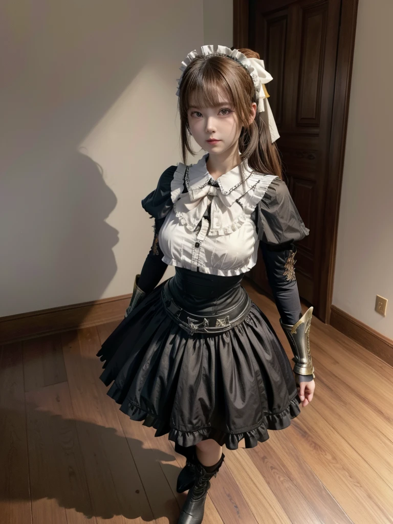 (masterpiece, Best Quality,  absurd:1.2), OlnaRberal ,  ponytail, Maid head dress, Maid,  dress, Maid head dress, Maid, armored  dress,  Gauntlet ,  hair bow, shirt, Cape, Brown pants,  boots、Large cross embroidery in the center of clothes, Maid,  with wolf ears , Brown Hair,  blonde eyes ,  standing on the ground , high res, ultra sharp, 8k, masterpiece パフィー・スカート
