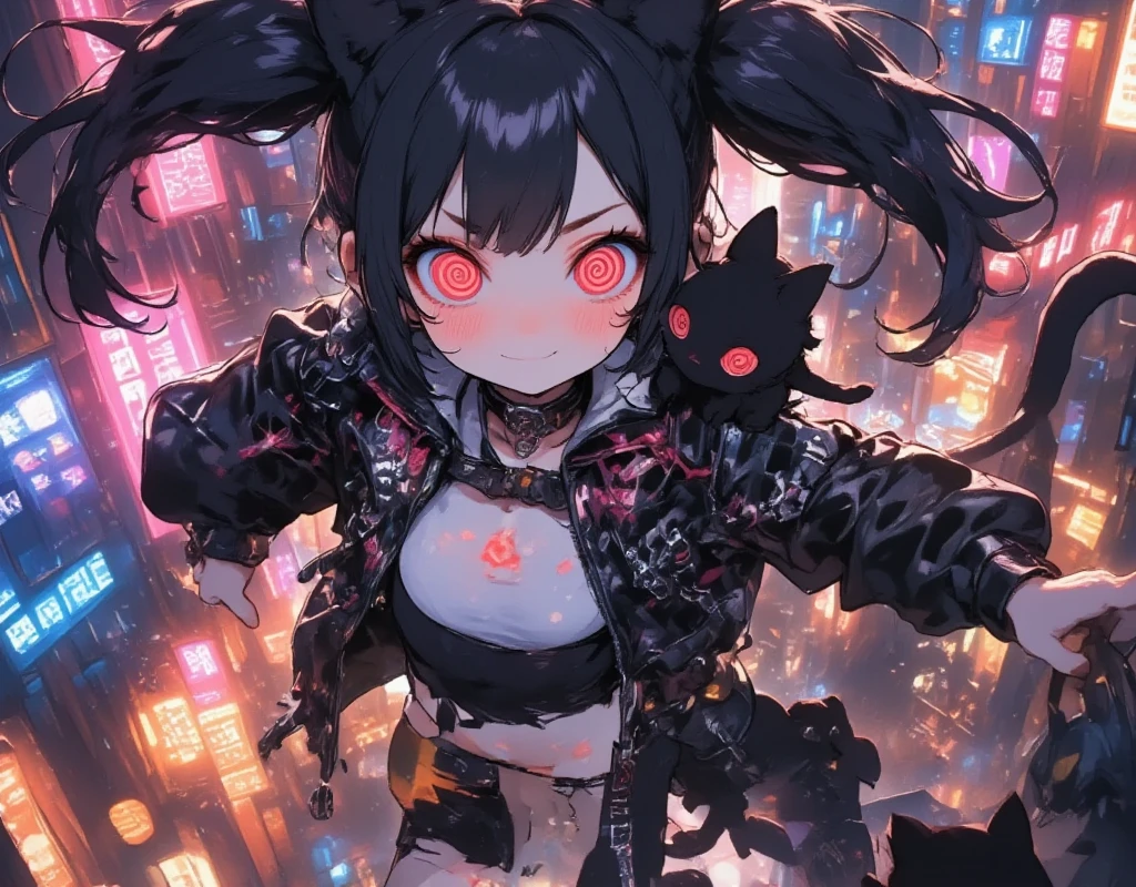  girl\(cute, Cute, Petite,  Evil Smiles , Black Hair, Long Hair,  twin tail hair , Pale skin, Skin color is blue, red eyes,  eyes are shining, Big Eyes, chest,  Punk Fashion, Torn clothes, Tight Tube Top ,  tight hot pants, The stomach is visible,  ripped black short jacket, Fluffy black cat ears,  dynamic pose, Jump on top of a building, spiral eyes, bang\), background\(outside, Noisy city, Backstreet, Narrow Street,  Neon Light, At night\), Black cat on shoulder, Black Cat's Partner 