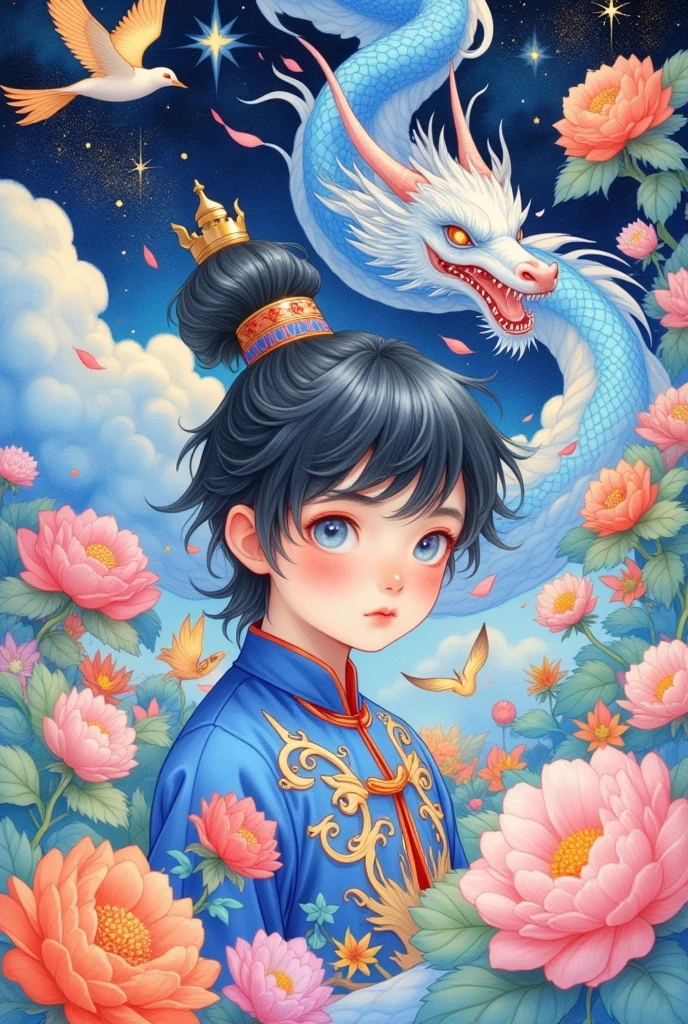 Chinese comic image depicting a boy in front of clouds, dragon art style, exquisite Hanfu, Van Gogh art style, showing starry sky and dragons, organic streamlines in Art Nouveau style, futuristic colorful waves, complex and peculiar illustrations, swirls , colorful turbulence, anime-style character design, marine academia, realistic yet stylized, close-up, high quality，Flowers and birds surround 