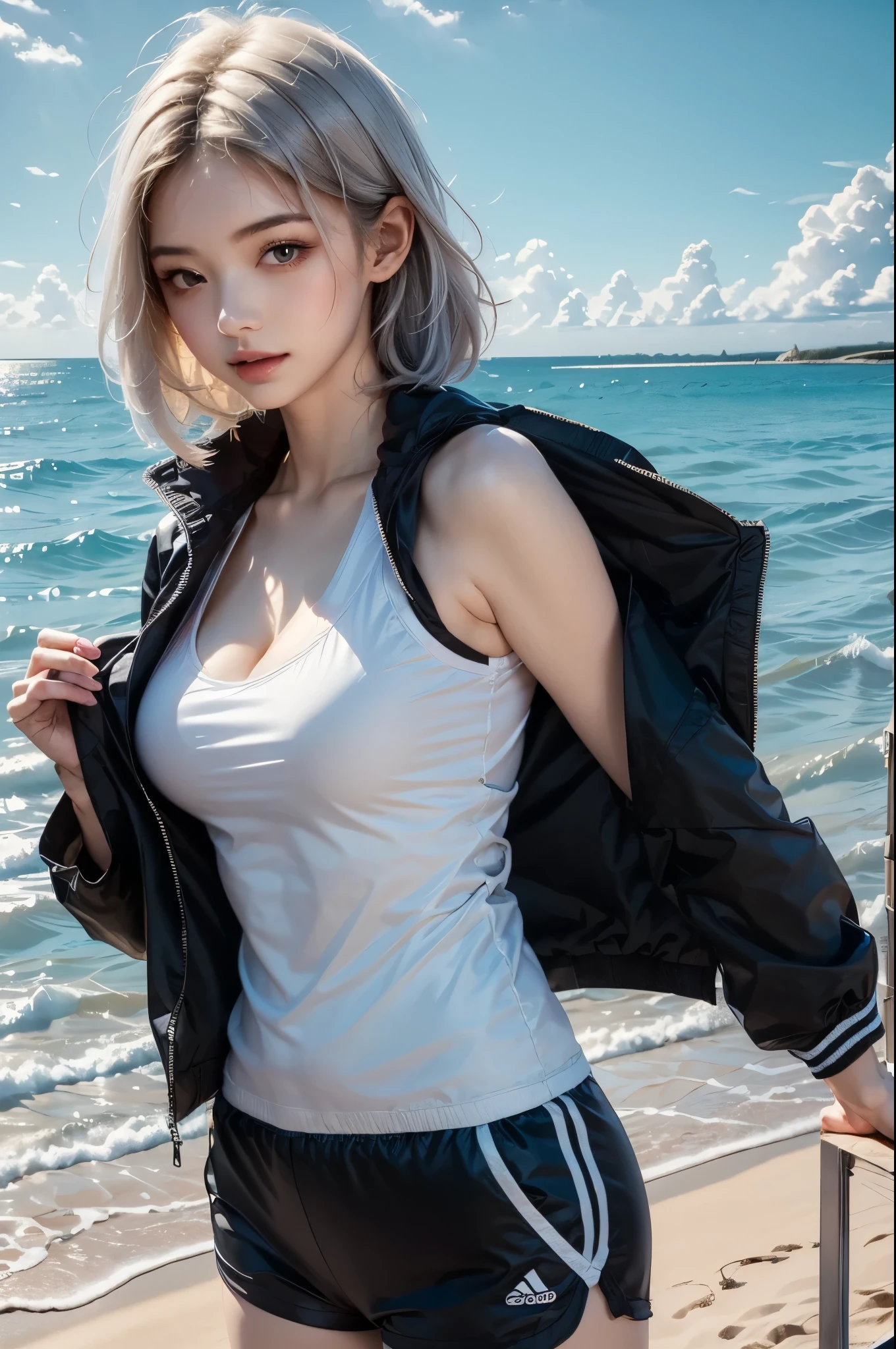 2.8D illustration, masterpiece, best quality, 1girl, medium breasts, sideboob, white hair, long hair, beautiful, sea, beach, ocean, sky, noon, sunlight, sports wear, sports girl, black-and-white clothing, short jacket. face:sweet girl
