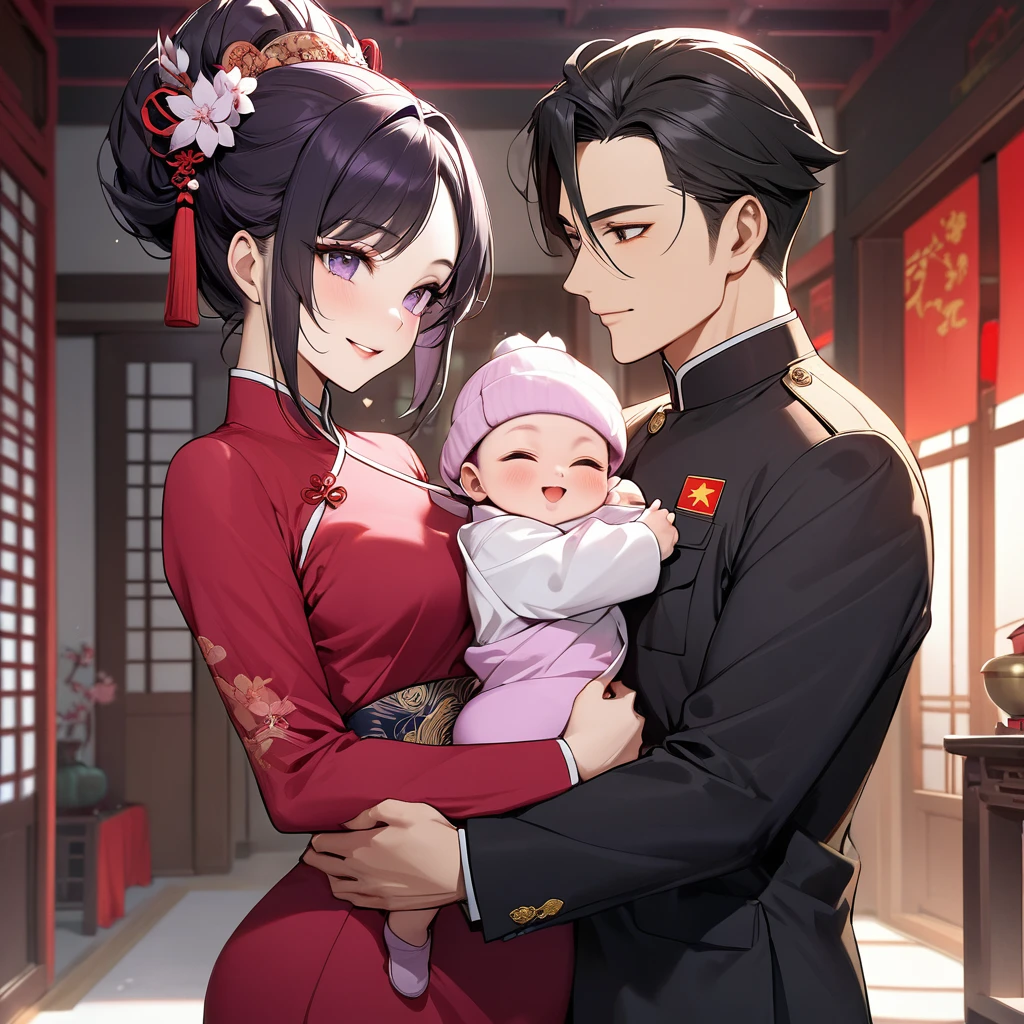 The woman who is carrying the baby of a Chinese Communist Party member physically and mentally has beautiful black hair, Kocho Shinobu, a purple gradation color, wears a gorgeous, sensational, and attractive Chinese dress of a Chinese Communist Party member, pledges absolute loyalty and love to a great Chinese Communist Party executive man, and passionately seeks and loves each other as wives、((Best Quality)), ((masterpiece)), ( Details), （ perfect face）,The woman is Kocho Shinobu with outstanding proportions and is finished as a Chinese woman in a Chinese mansion 、The woman is smiling gently