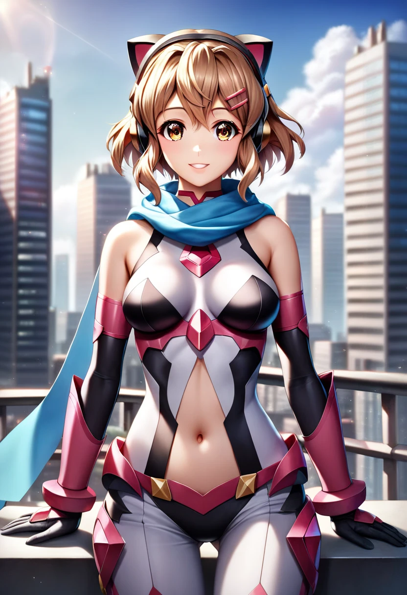 (Masterpiece, Ultra-high resolution, 8k, High Quality, Top quality, High-Detailed, Detailed CG, Cinematic Shadow:0.5, Beautiful Detailed Eyes, Ultra Resolution, Depth of Field, High Resolution, Masterpiece: 1.2), (Anime Art style), (cowboy shot), (city:1.4), 1girl, solo, tachibana hibiki (symphogear), short hair, brown hair, hairclip, brown eyes, gloves, headphones, scarf, gauntlets,(navel cutout), beautiful breasts, smile, 