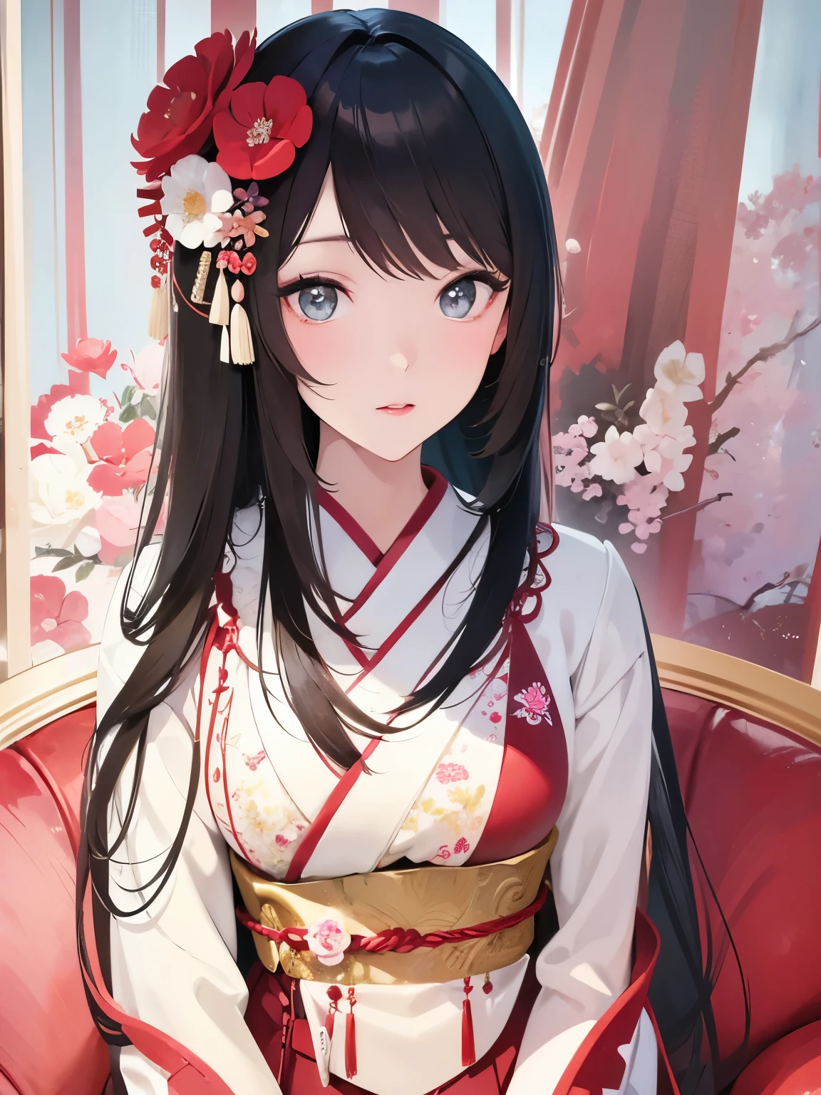 A traditional Japanese flower knight (Famous Prostitutes ) Forward, The entire face is visible , , Her gaze is directed straight ahead . The image was drawn in portrait style using watercolor techniques, , With a soft watercolor touch and delicate brushstrokes . Color transparent, Gently Overlapping , , Perfect Blend , , to create a serene and ethereal effect , ,Full body portrait .