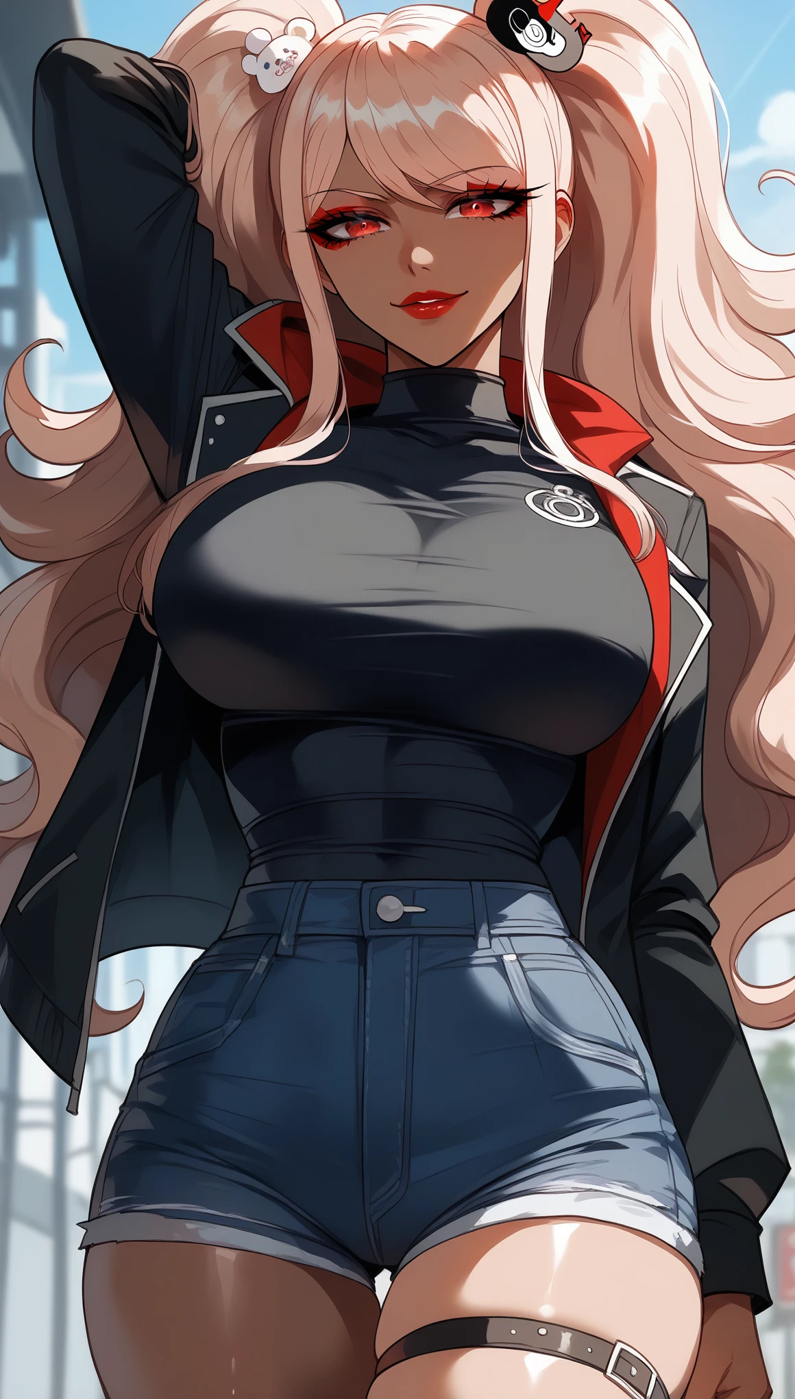  perfect eyes、 perfectly sexy face、Ultra Detailed、Kyoko Kirigiri、Danganronpa、shiny hair、( Big breasts ), black shirt、black jacket、Tight Waist、thin waist、 dark blue denim shorts、 Thigh straps 、shiny skin、 tanned skin 、Beleza、erotic、Red Eyeliner、 red lips、wicked smile、 looking at the spectator、