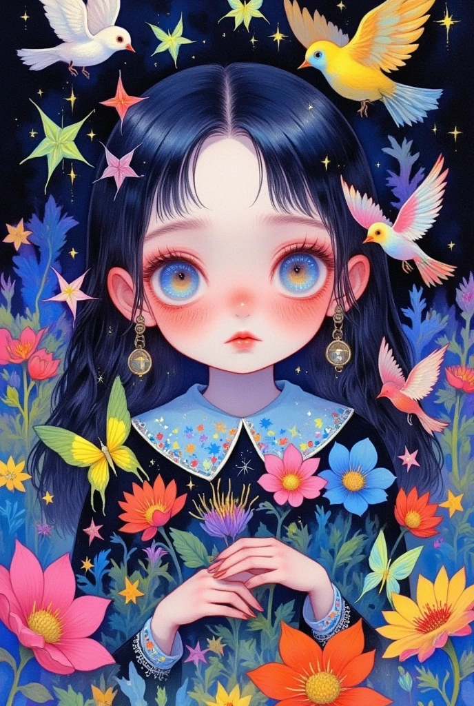  A painting of a girl surrounded by flowers and birds, A detailed painting by Li Song  ,  is trending on ArtStation ,  pop surrealism , Lovely detailed digital art,  A beautiful art illustration , artstration Trends,  Beautiful digital illustrations , Shin Jin Hwi Art , Girl in the flowers, Beautiful digital illustrations, Lovely art style, Detailed painting 4k, 可爱的数字艺术, Digital Anime Illustration