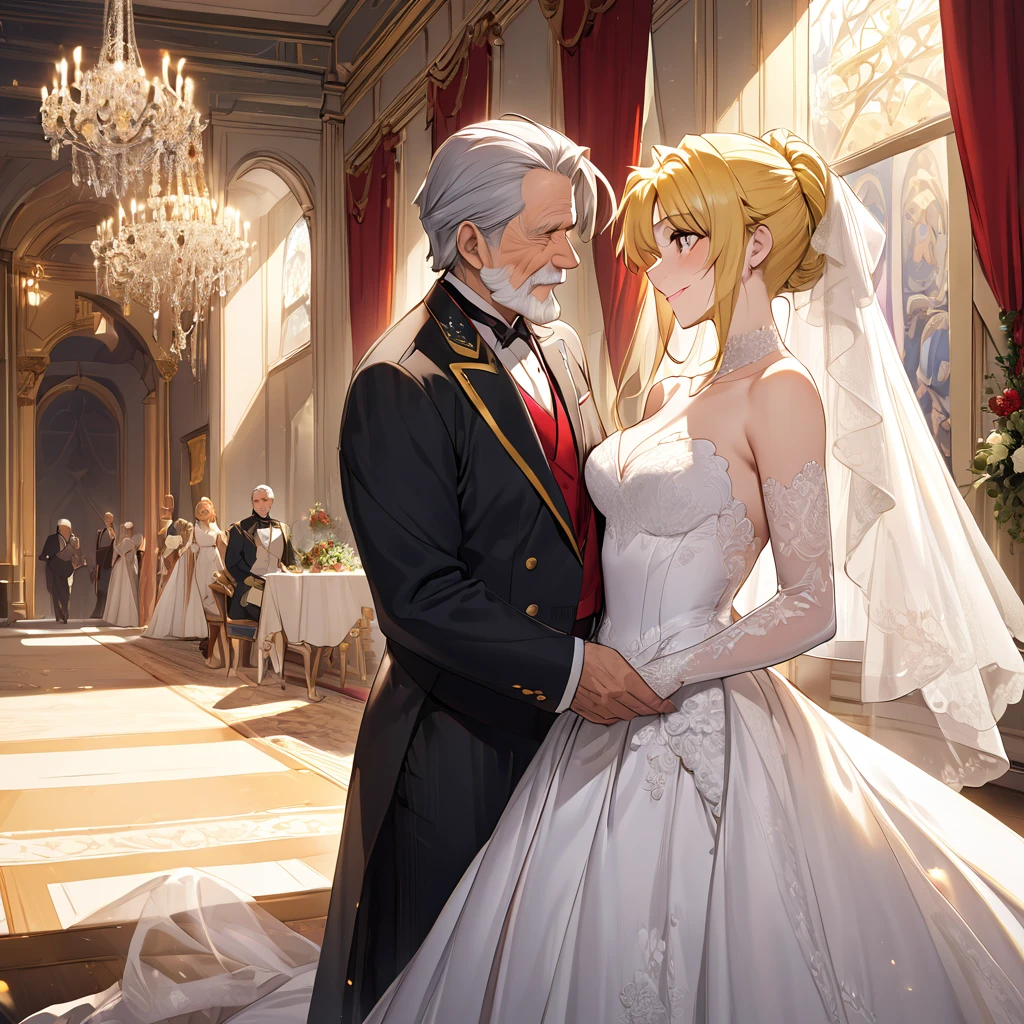  The woman is a beautiful blond Fate Testarossa, wears the queen's bridal dress, pledges absolute loyalty and love to the old man of the great king, and they have a wedding and love each other、((Best Quality)), ((masterpiece)), ( Details), （ perfect face）,The woman is a Fate Testarossa with excellent proportions and is finished as a woman wearing a royal bridal gown in a royal mansion 、The woman is smiling gently