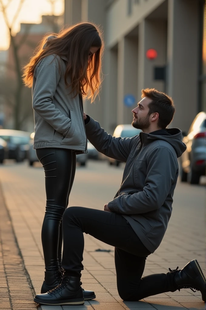 Creates a 4k image of a 25 year old poor dirty man with torn clothes and barefoot and on his knees, kissing the hand of a rich girl who was wearing a mini skirt and topless and high heel sandals with her hair well done she is a millionaire ,at the door of your mansion,the image must be the size of Tiktok images,the image as real as possible