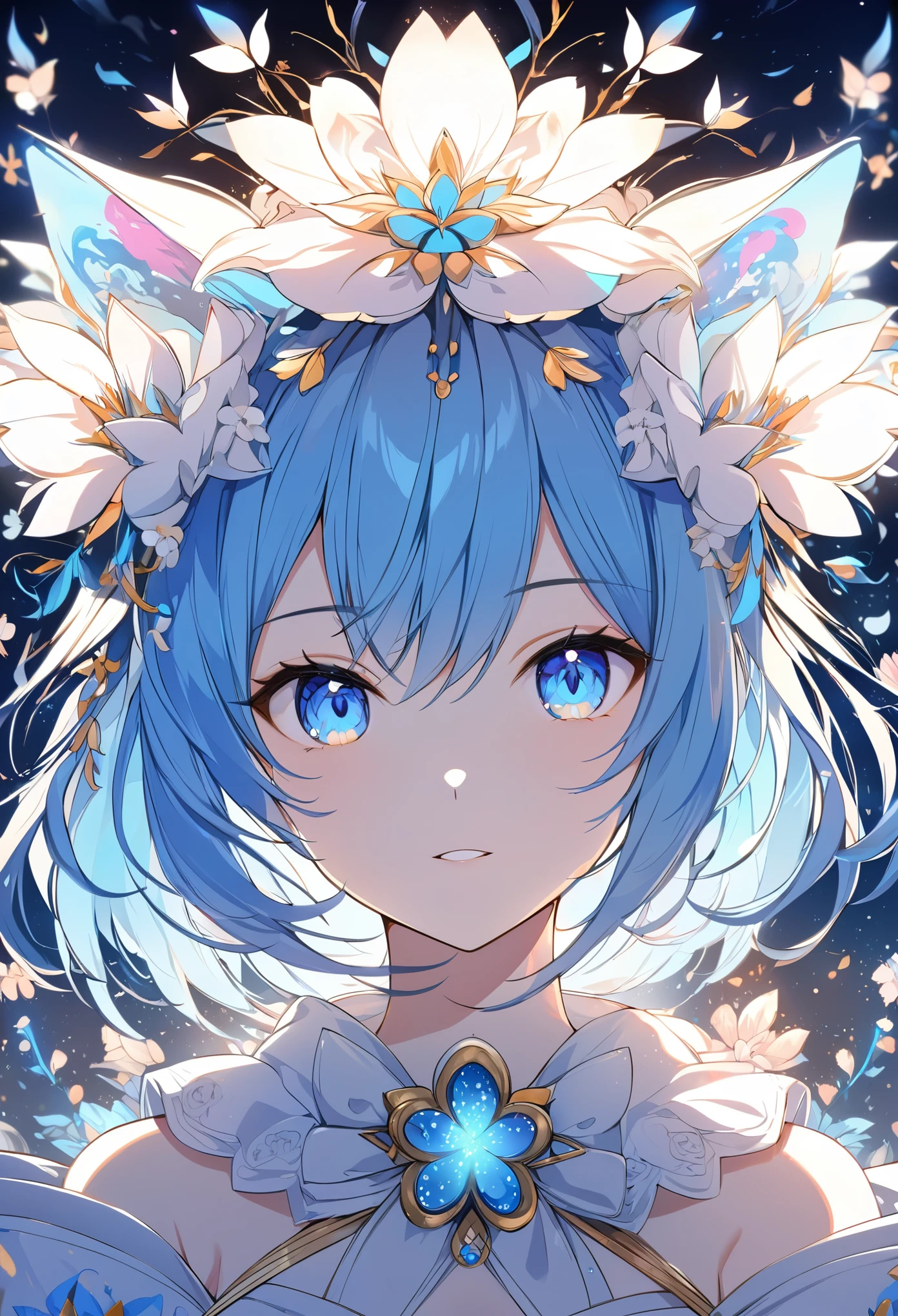 anime girl with blue eyes and flowers in her hair, detailed digital anime art, anime style 4 k, digital art on pixiv, anime art wallpaper 4k, anime art wallpaper 4 k, beautiful anime portrait, digital anime art, detailed anime art, [ 4 k digital art ]!!, anime art wallpaper 8 k, luminescent blue eyes