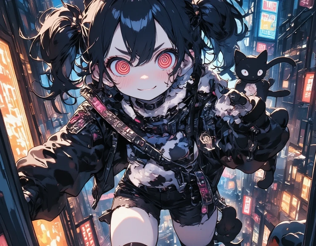  girl\(cute, Cute, Petite,  Evil Smiles , Black Hair, Long Hair,  twin tail hair , Pale skin, Skin color is blue, red eyes, Cat-like eyes,  eyes are shining, Big Eyes, chest,  Punk Fashion, Torn clothes, Tight Tube Top ,  tight hot pants, The stomach is visible,  ripped black short jacket, Fluffy black cat ears,  dynamic pose, Jump on top of a building, bang\), background\(outside, Noisy city, Backstreet, Narrow Street,  Neon Light, At night\), Black cat on shoulder, Black Cat's Partner 