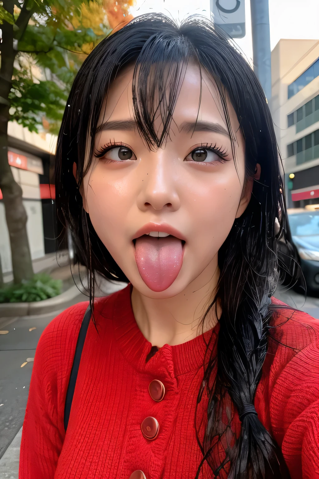 table top,Award-winning photo, very detailed , face、 Lights That Highlight Your 汗をかいた Skin , Nose and mouth, faceフォーカス , open her mouth and close her eyes , close up faceフォーカス 、Age 35, Black Hair 、Symmetrical face, Insulated 、 widens C-shaped nostrils 、Sweaty skin、Lighting that highlights ((Sharp Nose)) 、Big Eyes、double eyelid、( My tongue is wet and glowing ) ((Wet tongue)) Harajuku Omotesando 、street tree、autumn leaves,sweater,Sunset