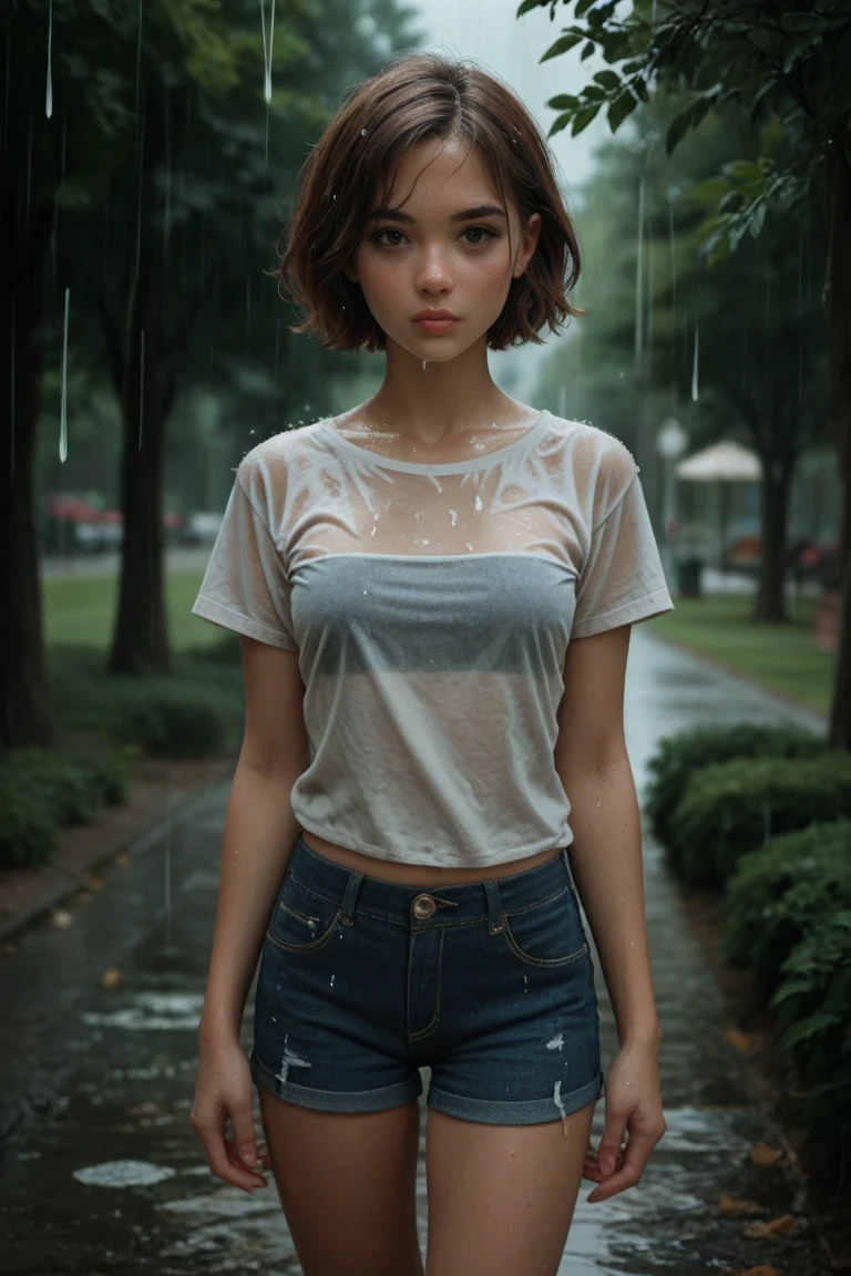 A very beautiful young woman is in a park after the rain. She has short brown hair, a brown-gray strapless T-shirt and denim shorts.She smiles and begin yo dance 