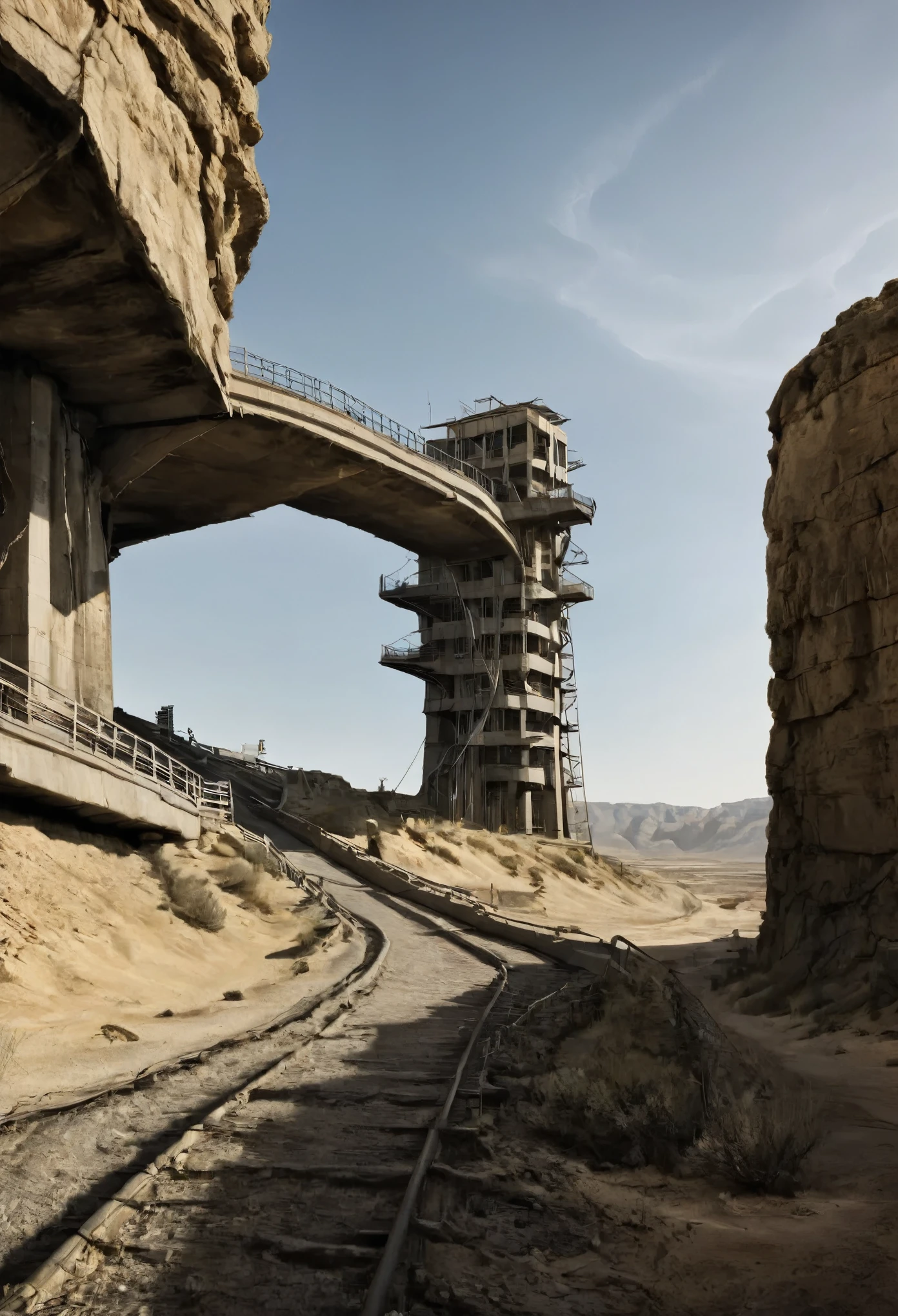 image of the view from inside a winding bridge between a tall tower in the center of a post-apocalyptic North American canyon and another building, view of the entire desert, there is a reinforced concrete walkway connecting one building to another on the horizon, o deserto tem canyons no horizonte, has smoky structures, carros abandonados nas ruas, desert megalopolis, tall buildings and collapsing to the ground, many destroyed buildings around, TEM UMA GAROTA VESTIDA COM CAPUZ ANDANDO NA RUA, as realistic as possible, As detailed as possible, as realistic as possible, ultra realismo