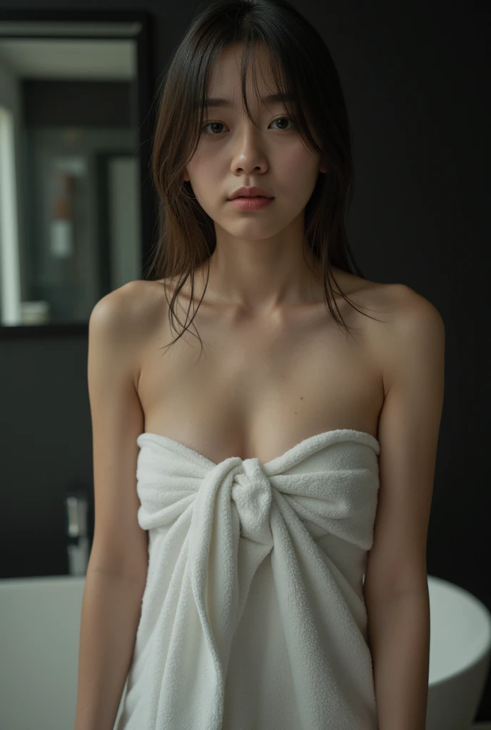 a young teenage Thai girl showering in the modern bathroom, wrapped in a wet white towel, wet body and hair, feeling embarrassed, extremely detailed, realistic, photo, 8k, photorealistic, high quality, professional photography, soft lighting, natural skin tones, intricate details, beautiful skin, beautiful eyes, beautiful lips, detailed facial features, beautiful hair, dramatic lighting, moody atmosphere, cinematic composition, masterpiece