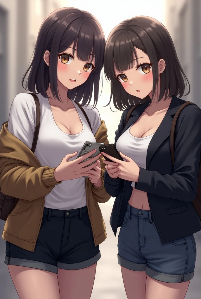 a high school girl with short black hair, milf face, wearing an Indonesian , holding a smartphone, anime style, looking at viewer, slightly annoyed expression, with a white shirt, attractive anime girl, gapmoe yandere, female anime character, (anime girl), digital anime art!!, an anime girl, big breast (1:2)