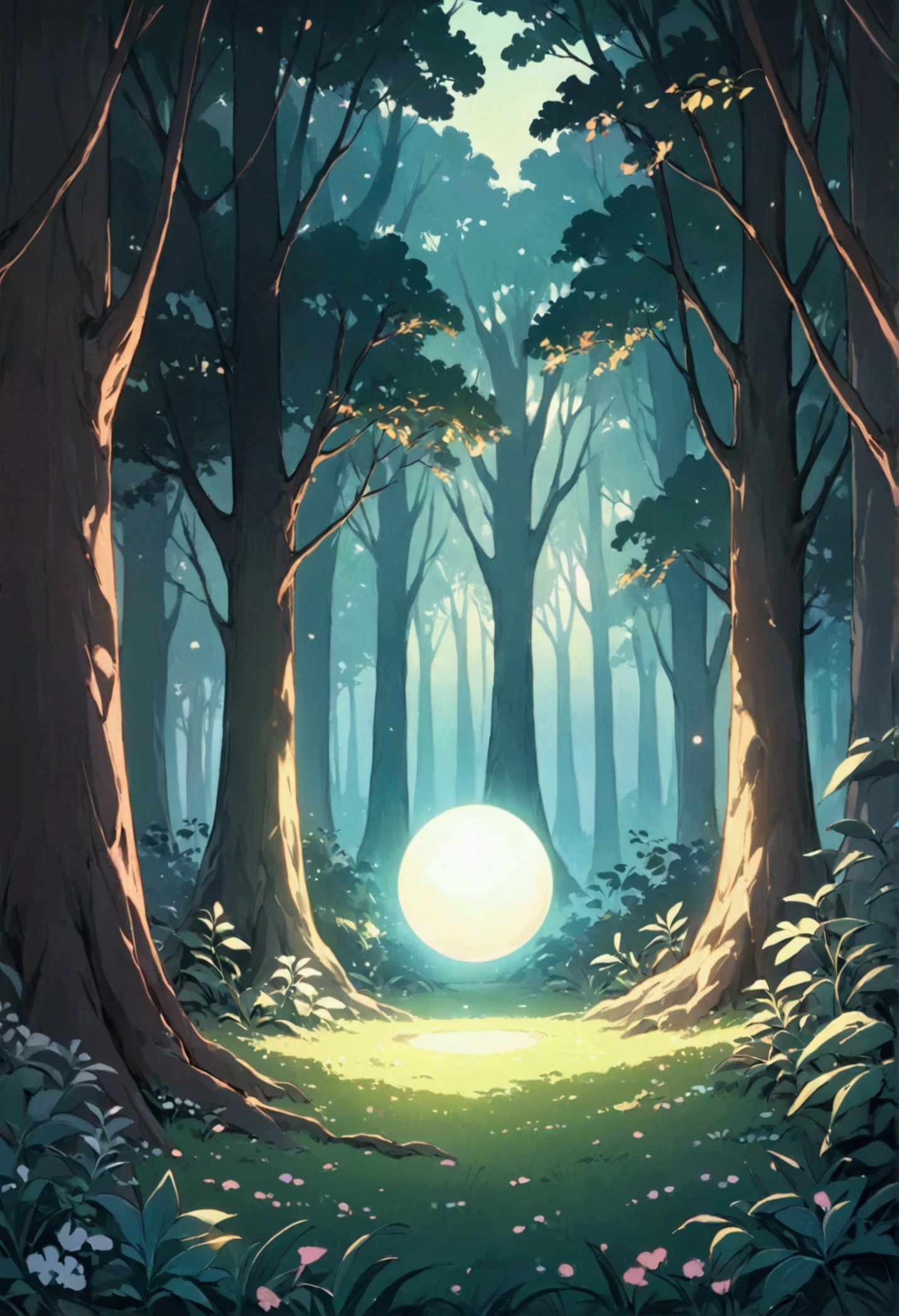 masterpiece, best quality, 8k, highres, ultra-detailed, cute forest, simple and charming style, pastel,
Low Fidelity (lofi) art style, floating glowing orb of light, single light sphere, surrounded by trees and foliage, no sunlight, light source glowing orb only, peaceful and magical atmosphere, soft and gentle lighting, whimsical and serene mood, minimalist details, quiet and dark forest