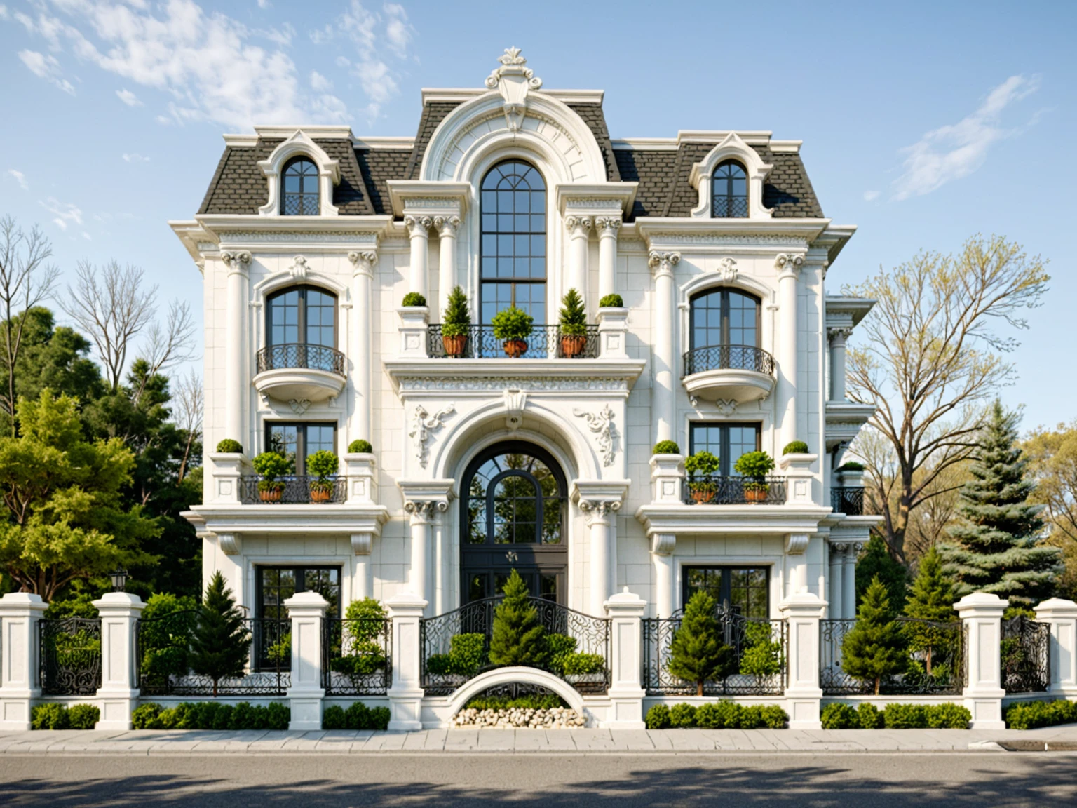 The image showcases a luxurious neoclassical residence characterized by:

- **Facade:** Predominantly white with opulent details like pilasters, ornate moldings, a mansard roof, and decorative window pediments. Balconies feature intricate railings, and marble cladding adds luxury, highlighted by a large arched window as a focal point.

- **Roof:** The dark gray slate or shingle mansard roof enhances architectural character, with dormers providing light to upper floors.

- **Windows and Doors:** Dark-framed windows contrast the white facade, suggesting spacious interiors.

- **Gate and Fence:** An ornate metal gate with pillar lamps and a decorative fence adds exclusivity and privacy.

- **Landscaping:** Trees and shrubs soften the architecture, with a small stylized tree within the fence.

- **Vehicle:** A parked black Rolls-Royce signifies luxury.

- **Overall Impression:** The residence conveys grandeur, wealth, and sophistication through meticulous detail and classic design, complemented by elegant landscaping, Best Quality,Masterpiece, UHD, 4k, Stunning,Eye-catching,Sharp edge render, Award winner design in 2024, Photorealistic, High-Resolution, Detailed, Accurate, Vibrant, Dynamic Lighting, Textured, Perspective, Atmospheric, Contextual, Balanced Composition, Material Realism, Interactive, Immersive, Narrative, Minimalist