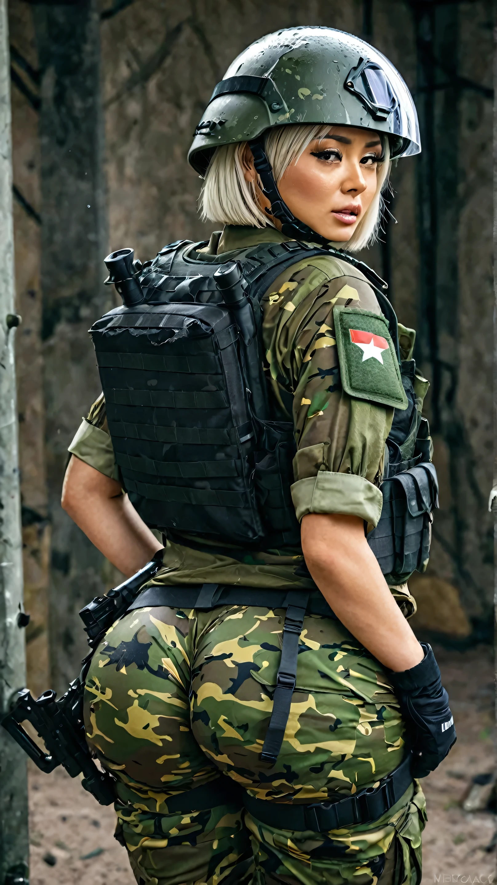 a contractor young girl, Japanese and Russian facial features, white french bob haircut, pulling down his pants, wearing full equip militar camouflage, chest rig tactical vest, ballistic helmet with face shield, fully dressed, sweaty body, voluptuous body, focusing on her ass, mega exaggeratedly inflated hips, large hips and extra big ass, hips too large and wide, slim waist, back, very close up, in an armory,