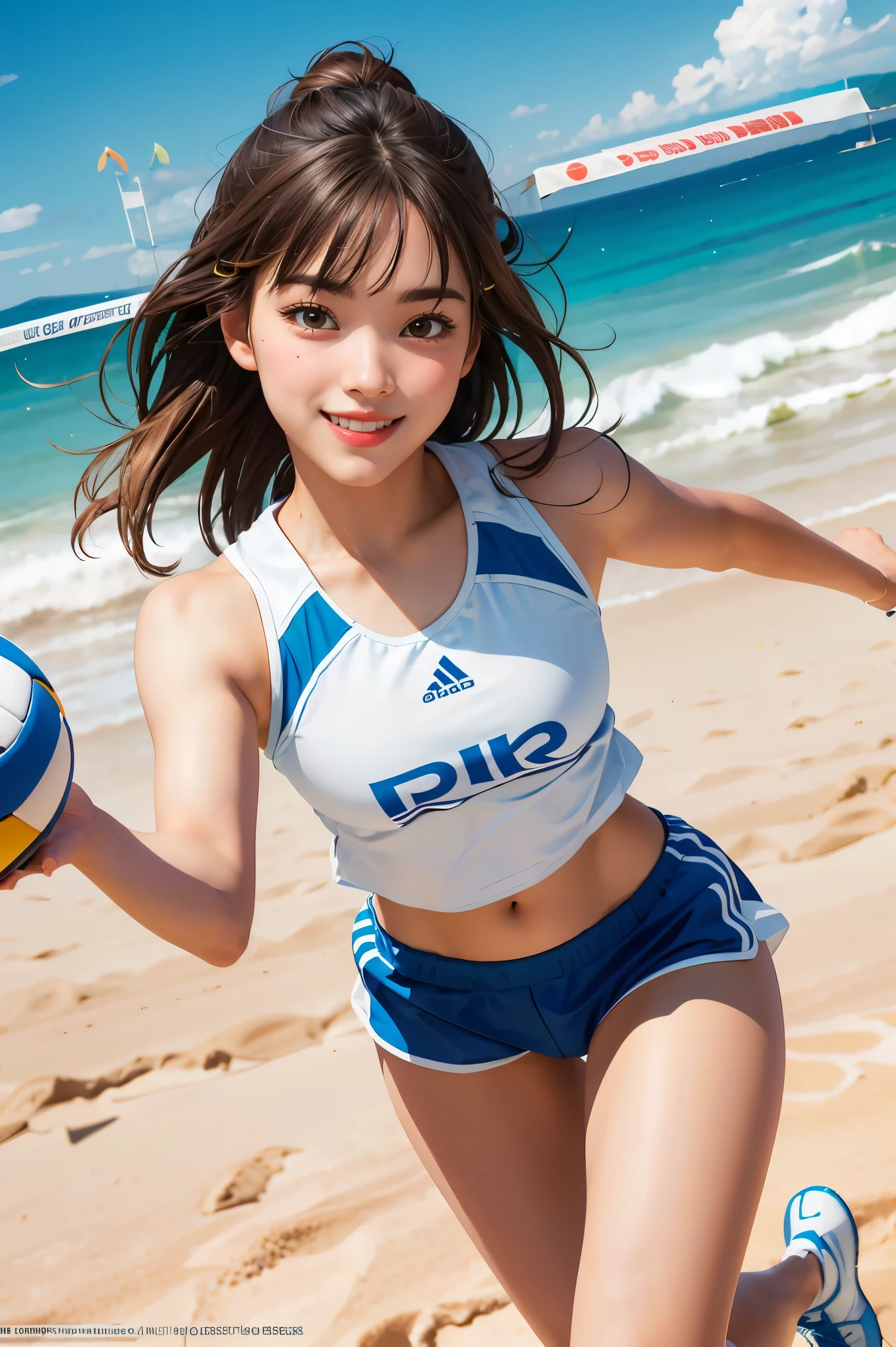 1lady solo, from above, (jumping high) (right next to net), (looking up at ball), (striking the ball with one hand) spiking, (dynamic posing), (beach volleyball player), (uniform with company logo) cropped top, (mature female:0.8), /(light brown hair/) bangs, light smile, (masterpiece best quality:1.2) delicate illustration ultra-detailed, medium breasts, (muscle:0.6) BREAK (sandy beach) outdoors, (beach volleyball court), flying sand, blue sky, detailed background