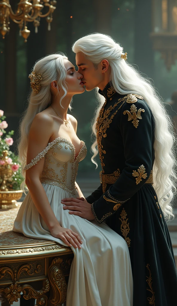 A Targaryen in a body-hugging white dress with long sleeves with gold dragon embroidery and details and neckline At a wedding in dragonstone and with many Targaryen people around