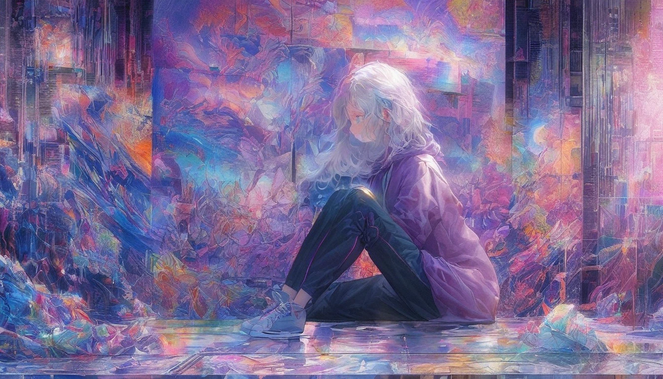 A blue-eyed girl with white hair and sky-colored eyes, wearing a purple hoodie, capris, and white sneakers, sits in a relaxed indoor setting with scattered bedding on a softly lit floor. The atmosphere is a mix of shyness and relaxation as she blushes, brushes her hair, and twirls it with a distant gaze. Motion blur, bokeh lighting, and cylindrical perspective create depth, with a glitch art mural on the wall featuring graffiti and environmental art. Her expressions shift between boredom, curiosity, and slight nervousness, while subtle X-ray and Kirlian effects frame the scene. The aesthetic blends abstract expressionism, Arabesque patterns, brutalism, surrealism, and a cyberpunk-solapunk fusion. The mood has windy, chilly vibes with glowing magenta hues lighting her profile. Background elements include watercolor textures, glitch overlays, and surreal fractal patterns. Artistic influences: Triptych, shin hanga, en plein air, fine art.
