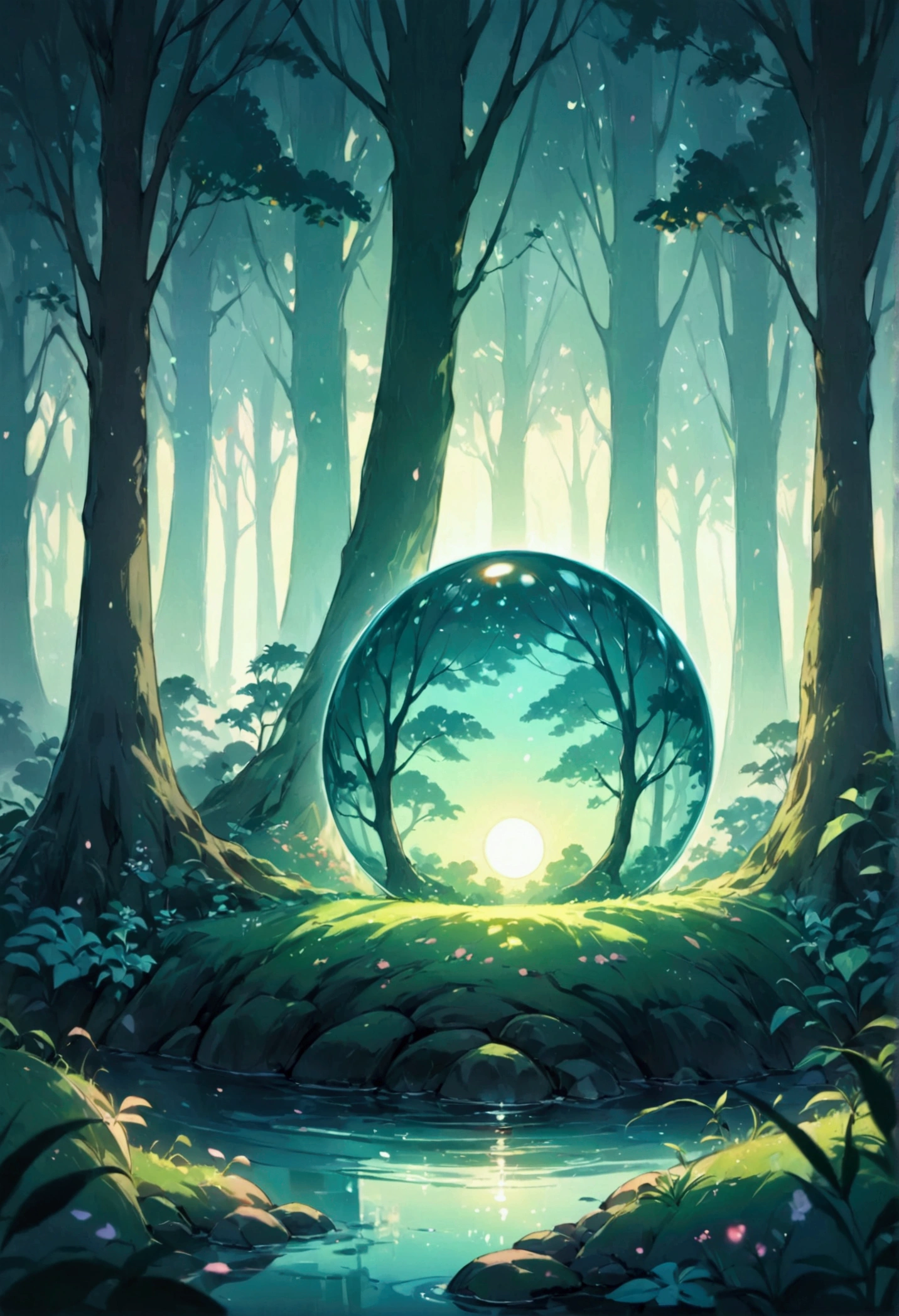 masterpiece, best quality, 8k, highres, ultra-detailed, cute forest, simple and charming style, pastel,
Low Fidelity (lofi) art style, floating glowing orb of light, single light sphere, surrounded by trees and foliage, no sunlight, light source glowing orb only, peaceful and magical atmosphere, soft and gentle lighting, whimsical and serene mood, minimalist details, quiet and dark forest