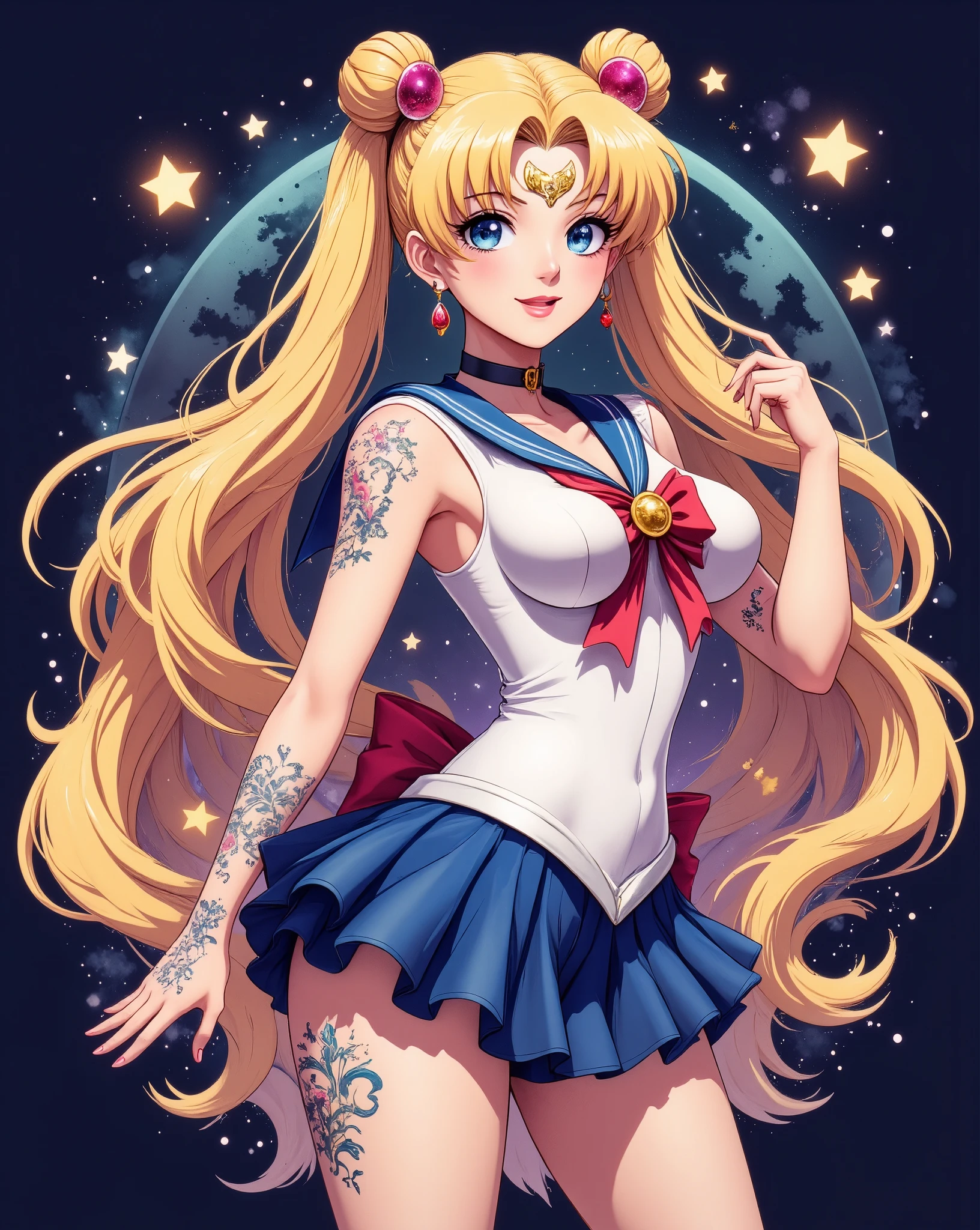 aidmainkstyle,aidmaMJ6.1,aidmaimageupgrader,The scene is depicted in adobe illustrator style,Sailormoon character,deep rich colors, big boobs and thick wide hips ,posing for camera ,looking at camera,full body,tatoos.