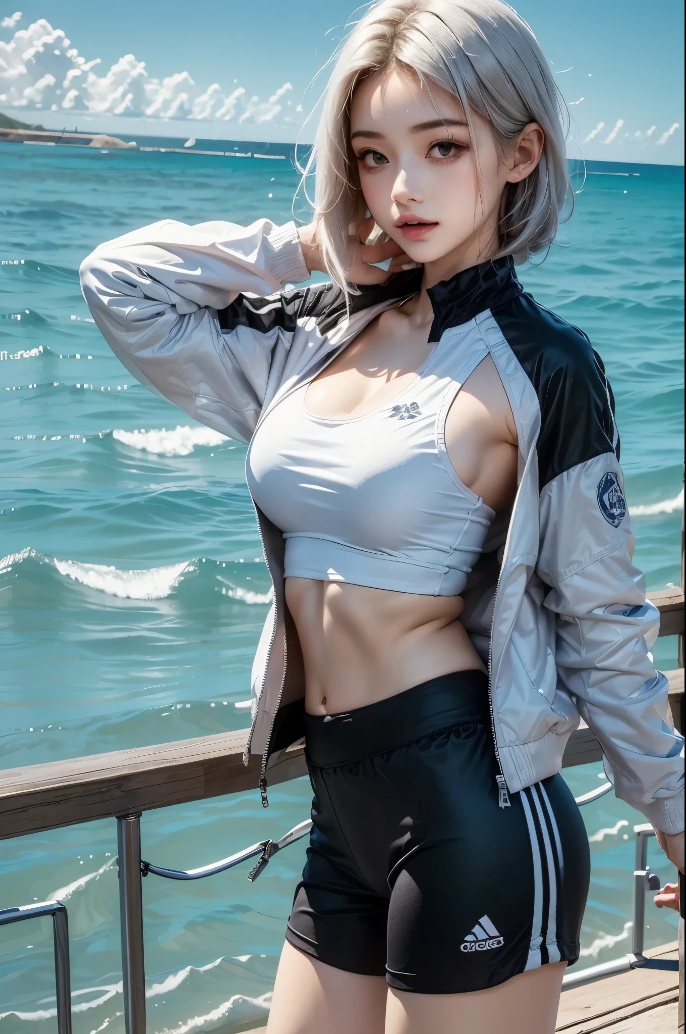 2.8D illustration, masterpiece, best quality, 1girl, medium breasts, sideboob, white hair, long hair, beautiful, sea, beach, ocean, sky, noon, sunlight, sports wear, sports girl, black-and-white clothing, short jacket. face:sweet girl
