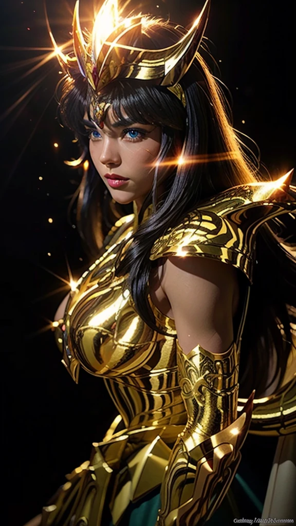 beautiful woman in saint seiya armor, huge breasts, intricate detailed armor, glowing energy aura, cinematic lighting, dark mysterious background, fantasy art style, rich colors, dramatic rendering, highly detailed