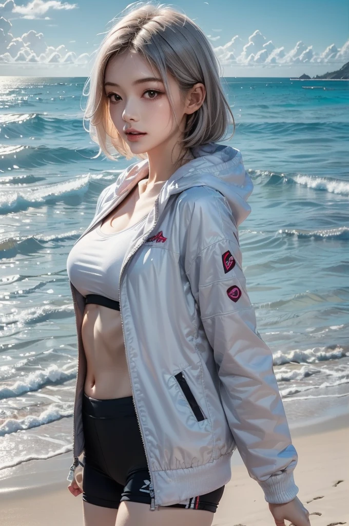 2.8D illustration, masterpiece, best quality, 1girl, medium breasts, sideboob, white hair, long hair, beautiful, sea, beach, ocean, sky, noon, sunlight, sports wear, sports girl, black-and-white clothing, short jacket. face:sweet girl
