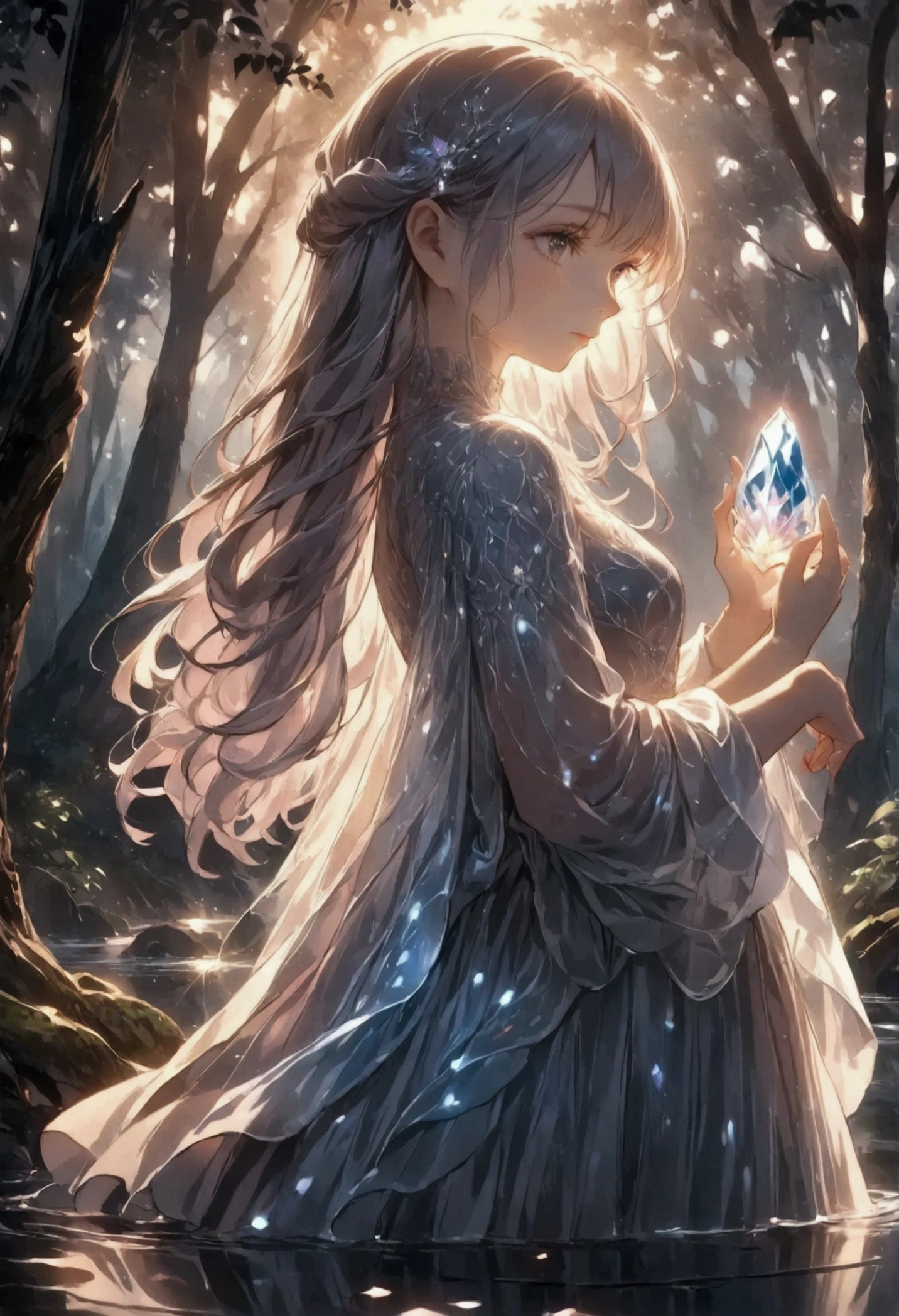 masterpiece, best quality, 8k, highres, ultra-detailed, HDR, UHD, ultra-fine painting, pastel,
Low Fidelity (lofi) art style, 1girl, holding glowing crystal, light source from crystal, dark forest, serene expression, long hair flowing, intricate dress details, dark environment, no sunlight, mystical and magical atmosphere, gentle reflections on water, surrounded by trees, fantasy lighting, peaceful mood