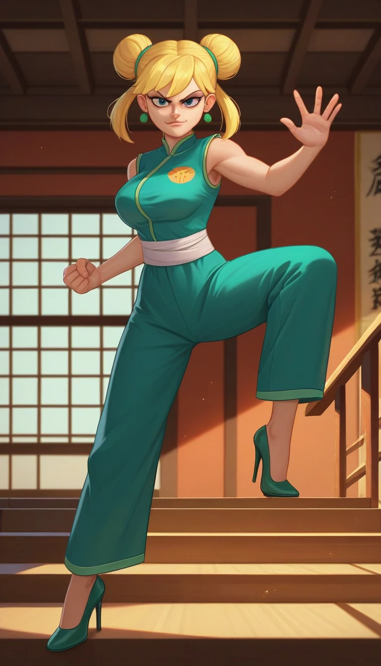 leni loud, 1girl, solo, 24yo girl, large breasts, green cheongsam,  inside of a chinese temple, dojo, looking at viewer, blonde hair, two hair buns , hands  score_9, score_8_up, score_7_up, high heels, teep fighting stance,martial arts, stairs behind her, guarding the stairs, a door behind the stair, chinese writings on the wall, long pants