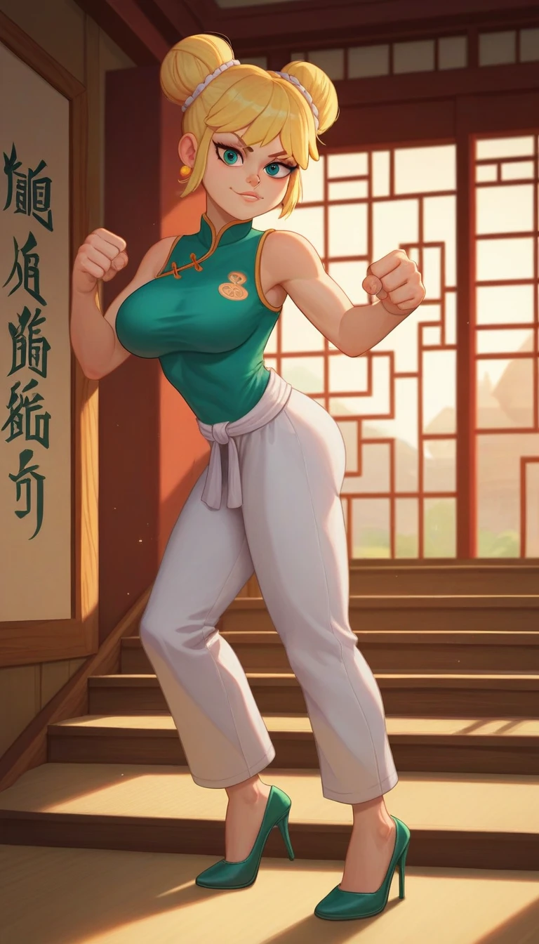 leni loud, 1girl, solo, 24yo girl, large breasts, green cheongsam,  inside of a chinese temple, dojo, looking at viewer, blonde hair, two hair buns , hands  score_9, score_8_up, score_7_up, high heels, teep fighting stance,martial arts, stairs behind her, guarding the stairs, a door behind the stair, chinese writings on the wall, long pants